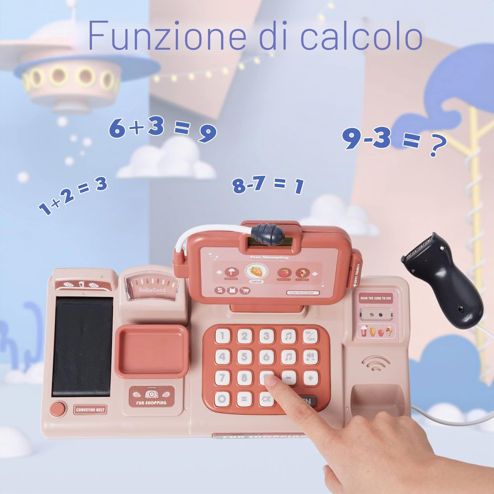 Registratore di Cassa Elettronico Supermercato Giocattolo con Suono, Cibo, Cestino Della Spesa Bambina 3 Anni, Supermercato Giocattolo per Bambini con Scanner Microfono