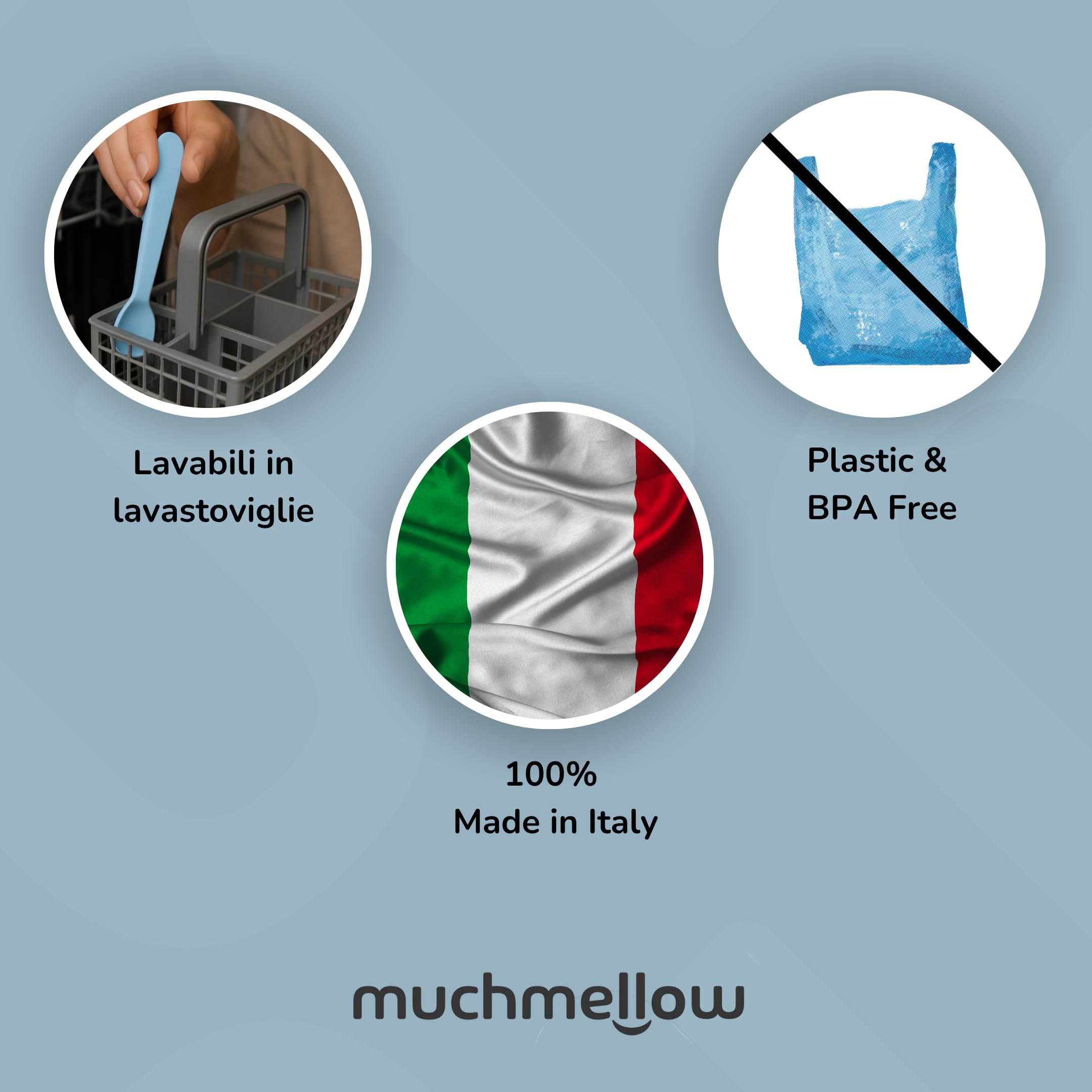 Muchmellow - Set Pappa Silicone MADE IN ITALY 4 Pezzi, Ciotola con Ventosa Anticaduta, Piatto, Cucchiaio, Bavaglino Regolabile, Svezzamento, Plastic Free, BPA Free, Lavabile Lavastoviglie (Blu)