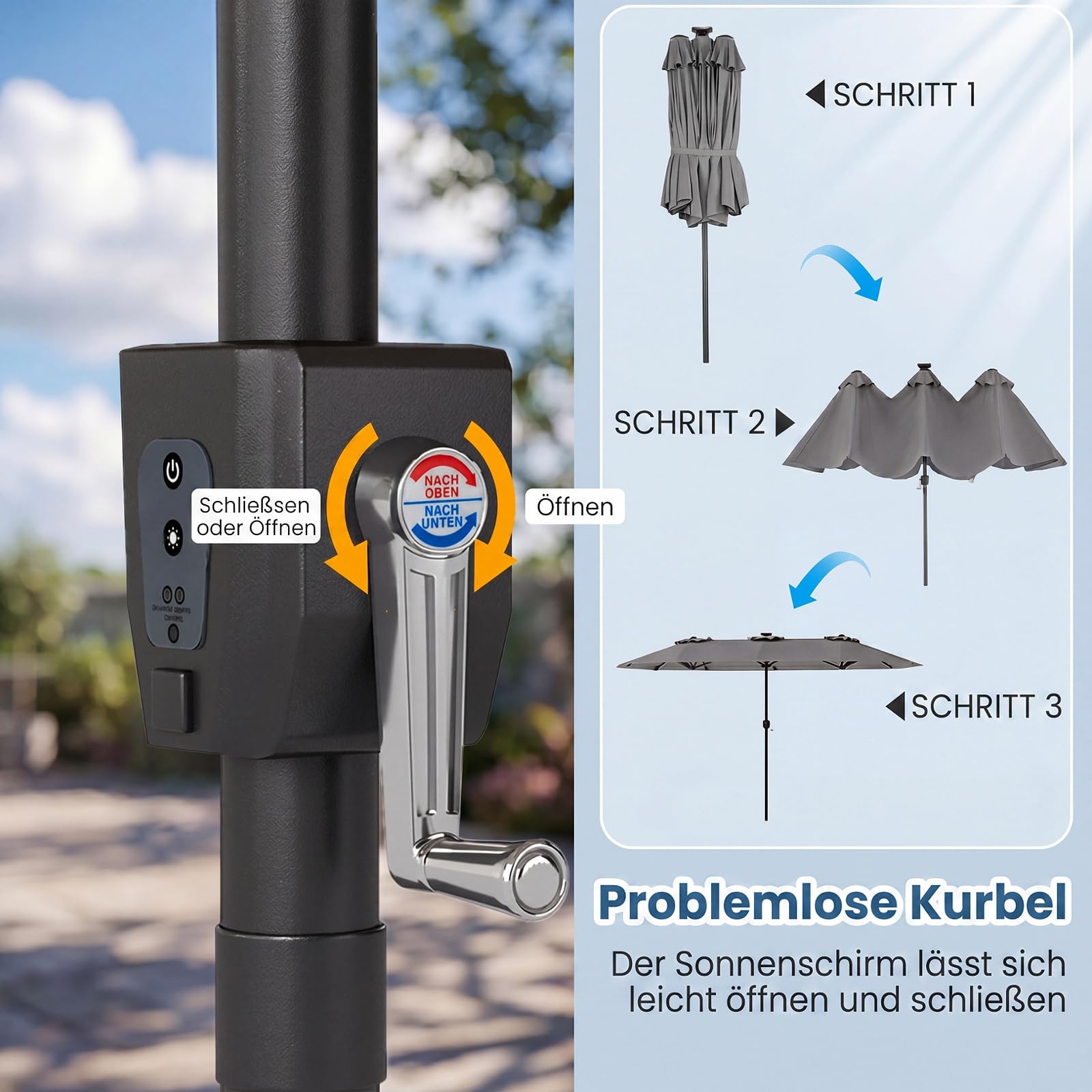 COSTWAY Doppelsonnenschirm 375x200cm, Doppel Sonnenschirm mit LED-Solar-Beleuchtung, 12 Beleuchtungsmodi, 2 Lademöglichkeiten, Gartenschirm mit Kurbel, Terrassenschirm, Marktschirm (Grau)
