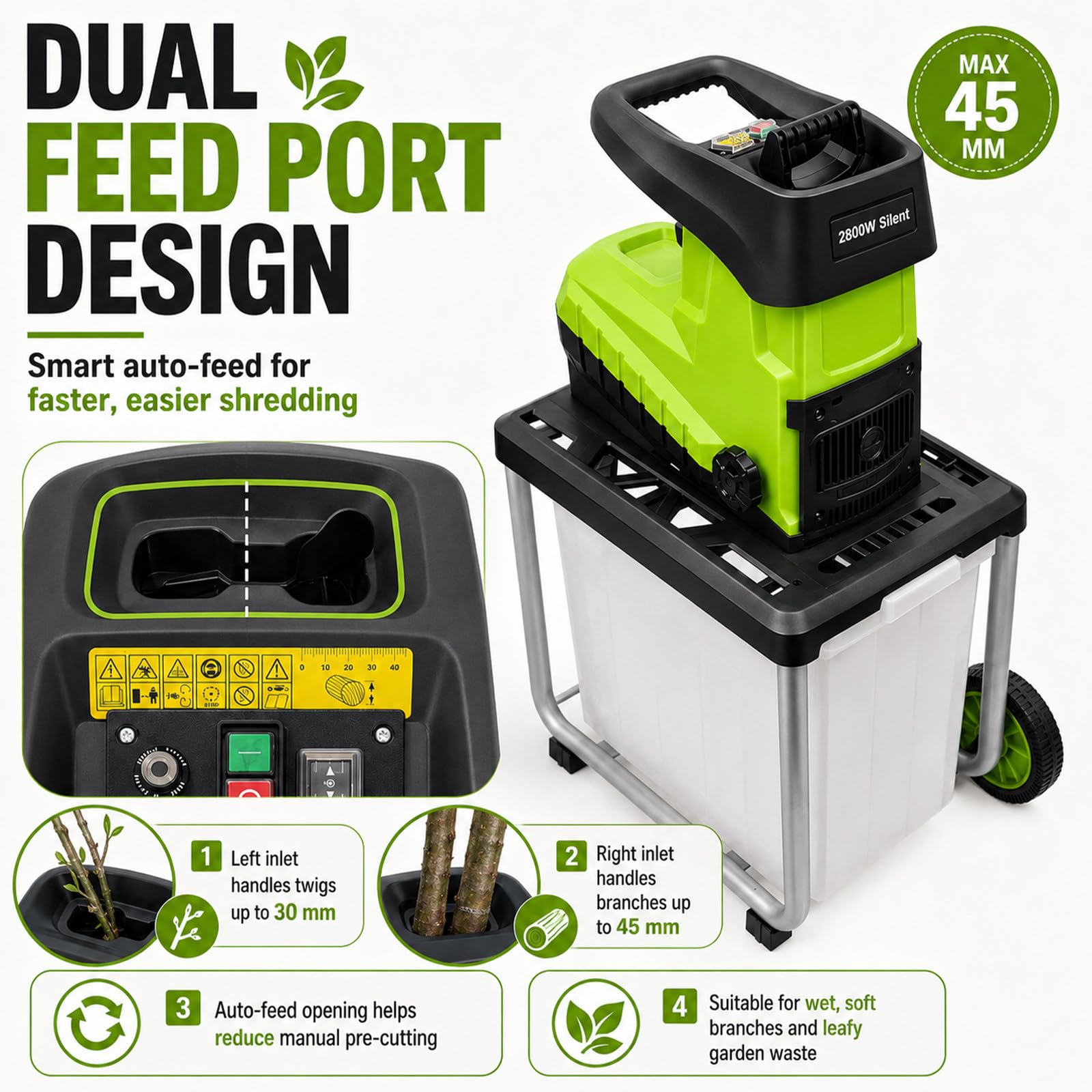 Broyeur De Branches Électrique 2800w pour Branches Jusqu'À 45mm