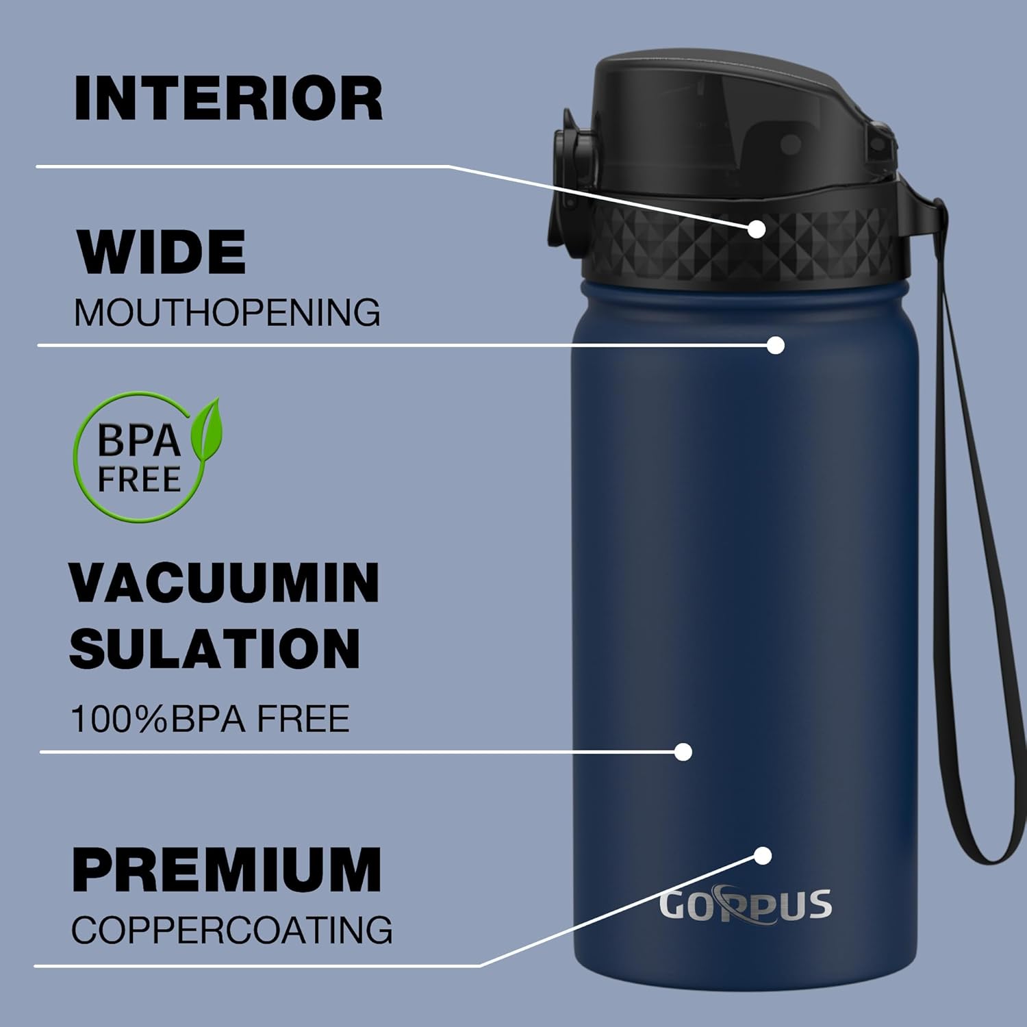 Kids Water Bottle, GOPPUS 14 Oz Stainless Steel Travel Bottle, Double Wall Vacuum Leak Proof Kids Cup for School Boys Girls, Navy Blue - Image 2