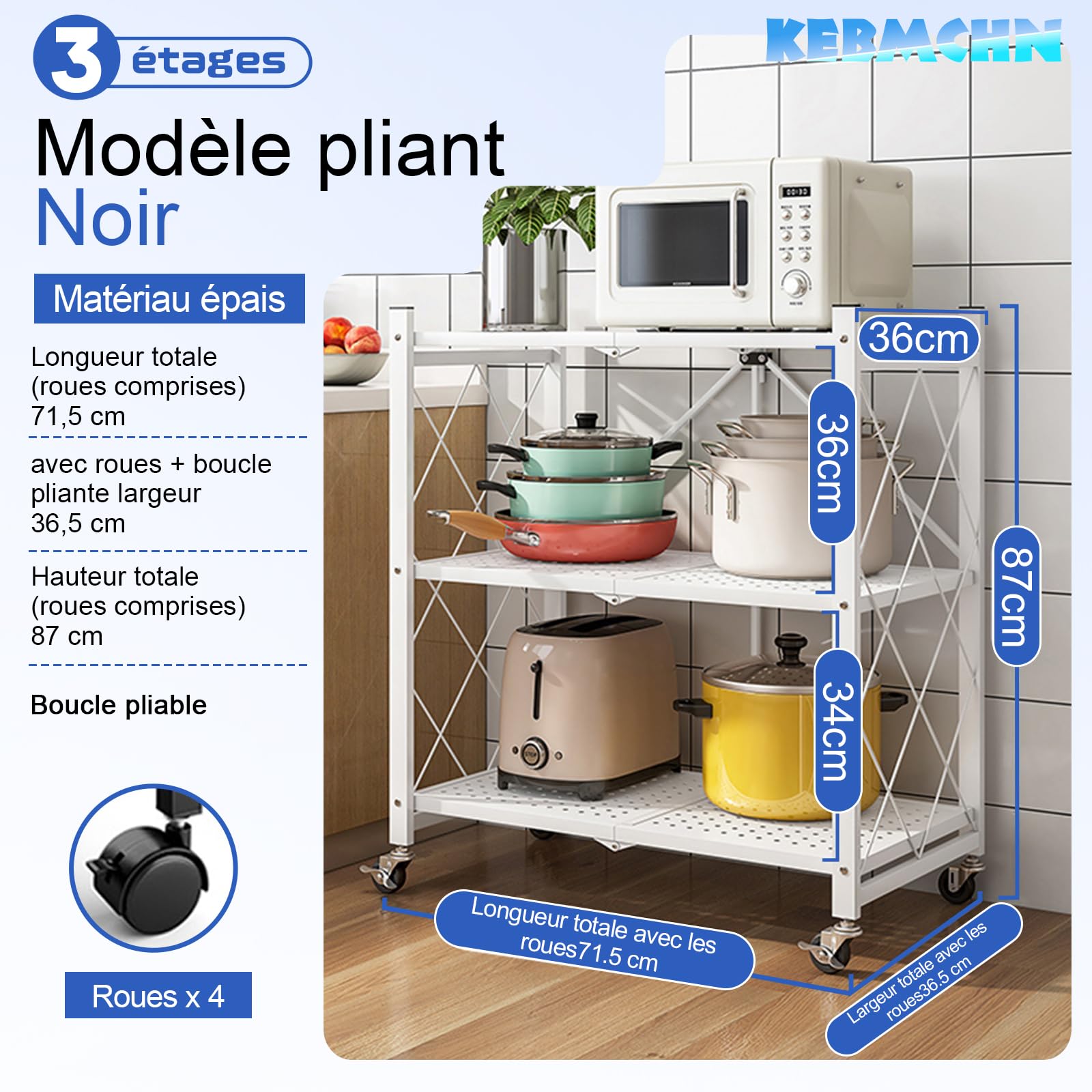 Étagère de Rangement 3 Étage Métallique Pliable avec roulettes, Tablette Autoportante, Chariot de Stockage Pliable 71,5 x 36,5 x 87 cm pour Cuisine, Bureau ou Buanderie (Blanc)