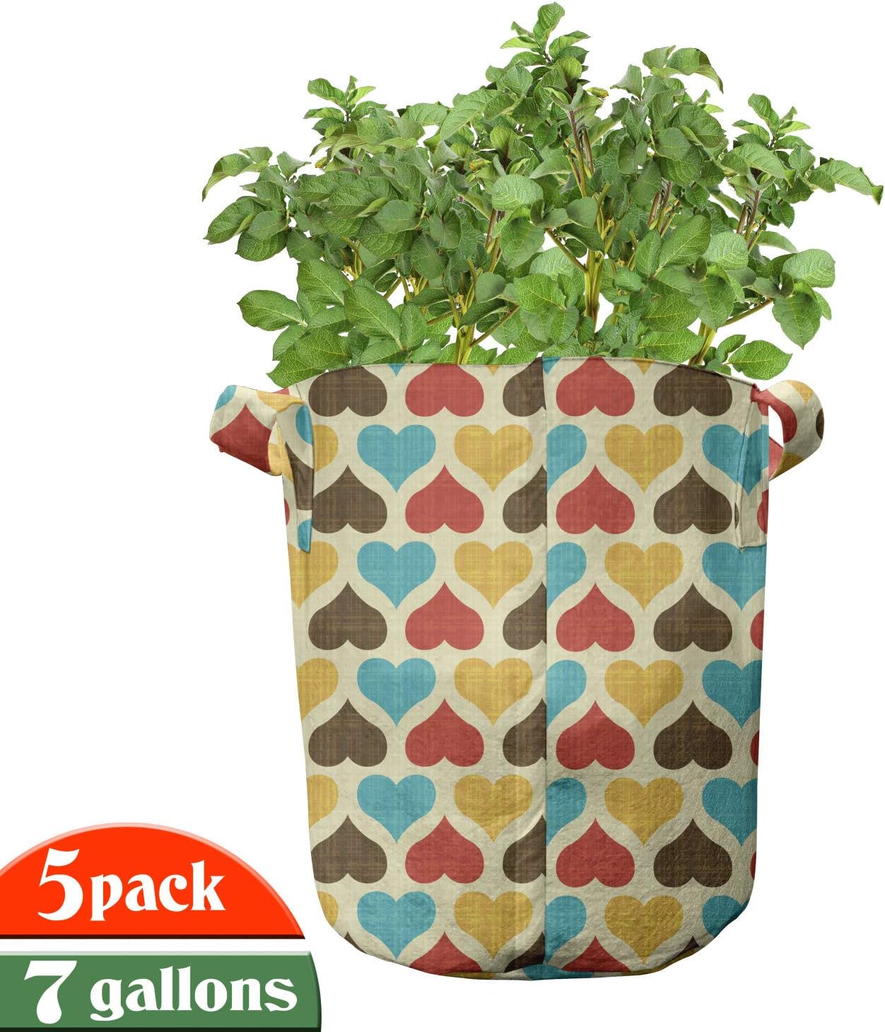 Lunarable Hearts Grow Bags 5-Pack, Valentines Day Romance Theme, Heavyduty Fabric Pots with Handles for Plants, Multicolor