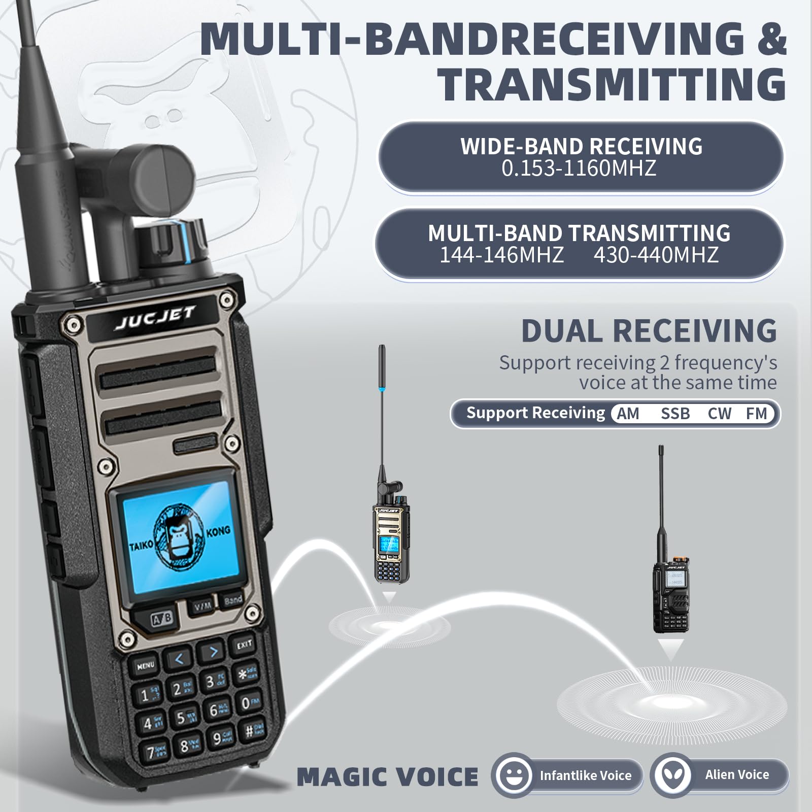 TK11(8) 999 Canali VHF/UHF Walkie Talkie, Trasceptore Portatile Ricaricabile con Grande Portata e Analizzatore Spettrale, 10W di Potenza di Uscita, NOAA, Batteria da 3000 mAh