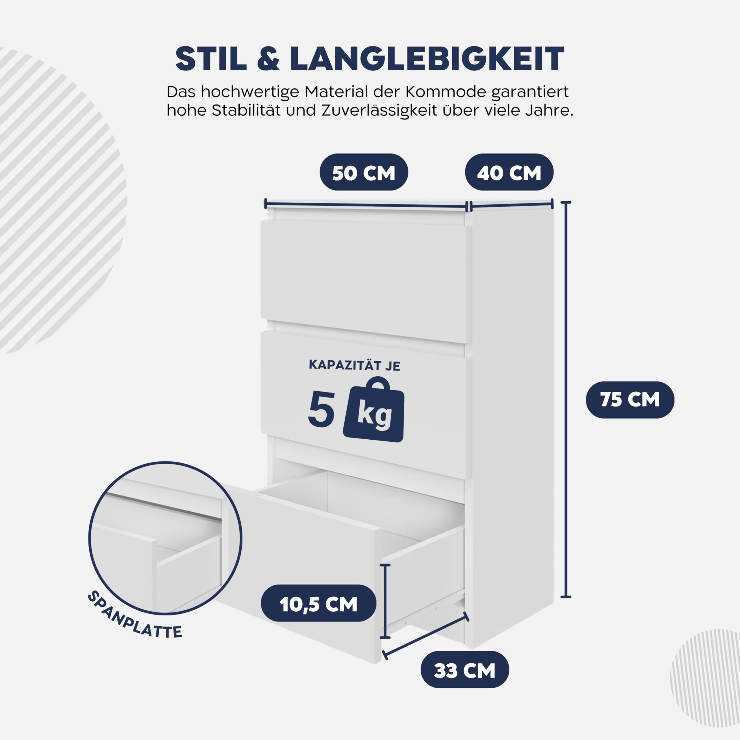Mebligo - Kommode mit 3 Schubladen 50 cm Breit, Komodenschrank für Schlafzimmer, Wohnzimmer, Kinderzimmer, Jugendzimmer und Büro (B:50 x H:75 x T:40 cm) - Weiß Hochglanz