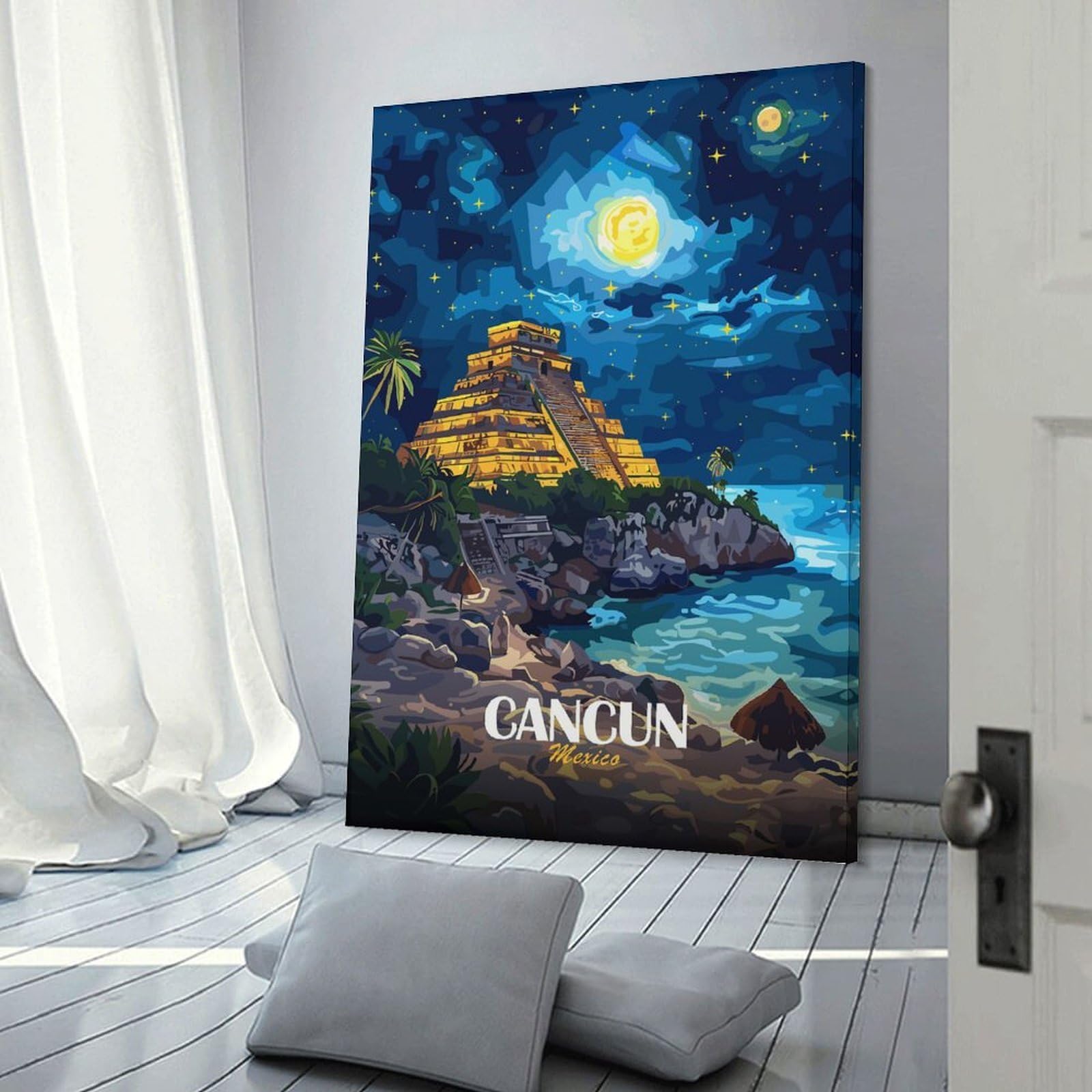 Junmoney Cancun Mexico Night Landscape Illustration Room Decor Wall Art, 16x24inch(40x60cm), for Gallery Wall Decor And Room Displays, Decorative Artwork with Flexible Styling