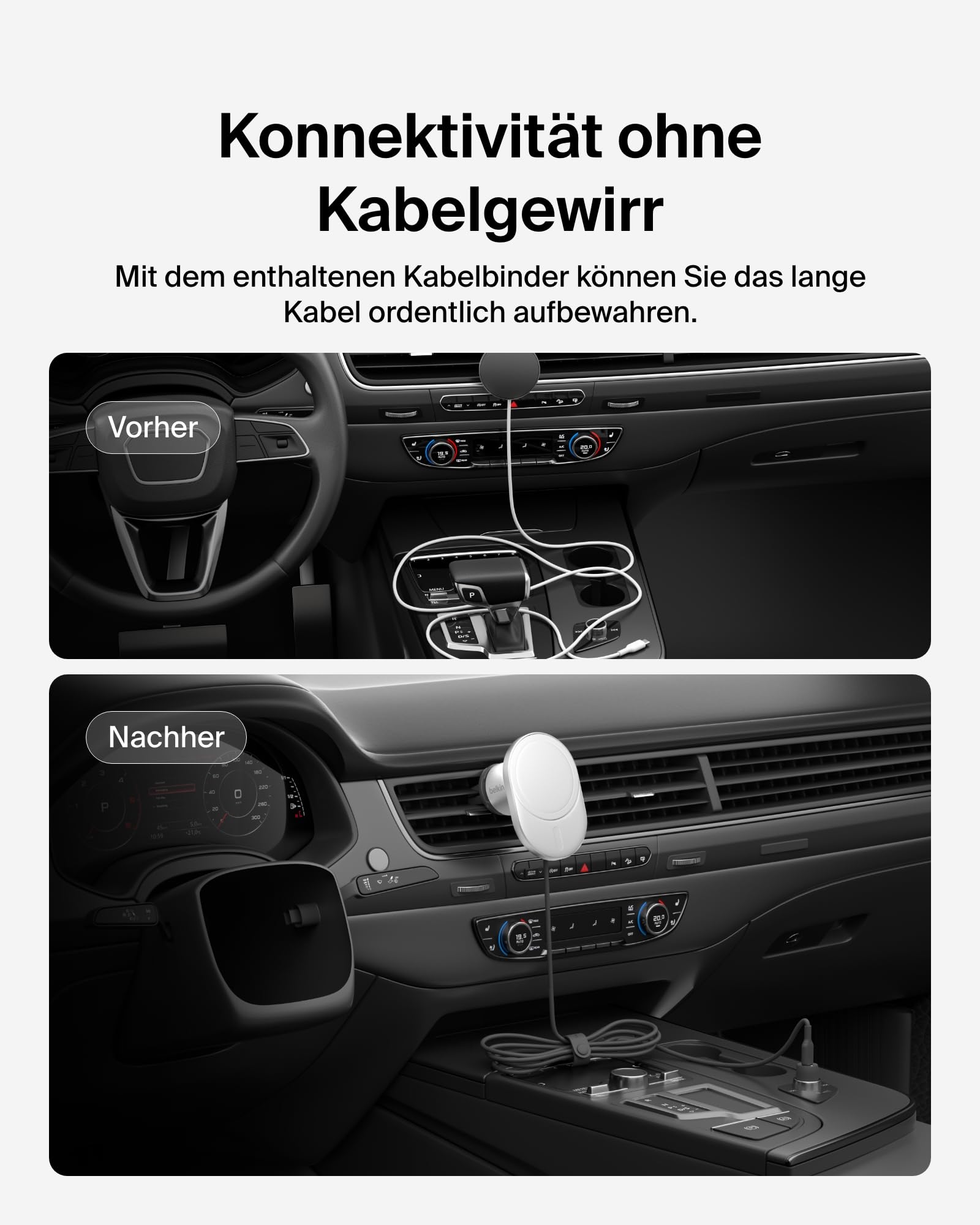 Belkin BoostCharge Pro magnetisches kabelloses Kfz-Ladegerät mit Qi2 (15 W), MagSafe-kompatibles Auto-Ladegerät für iPhone-Serien 17, Air, 16, Pixelsnap, mit USB-C Kabel und 20-W-USB-C-Kfz-Netzteil