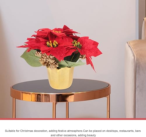 Miniatura 8 de VILLCASE Planta de Pascua roja de Navidad en maceta, flores de Pascua artificiales en jarrón, bayas de pino, decoración de bandeja escalonada de