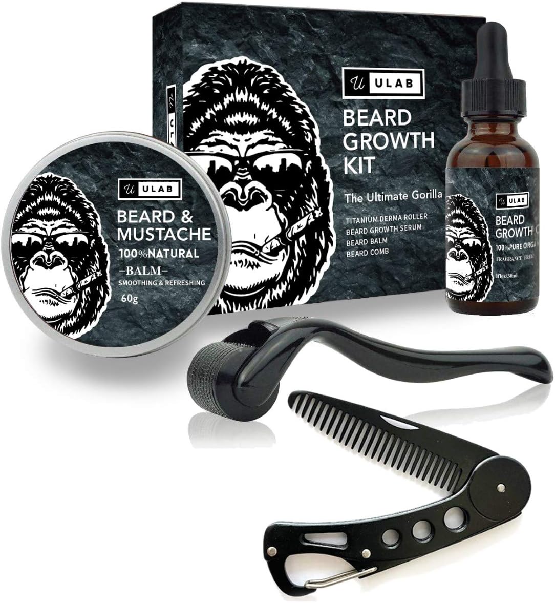 uLab Ultimate Gorilla Beard Growth Kit with Derma Roller, Beard Oil, Beard Balm and Foldable Styling Comb - Gift Set for Men For Beard Growth, Styling and Care - Contains Microneedle Titanium Roller
