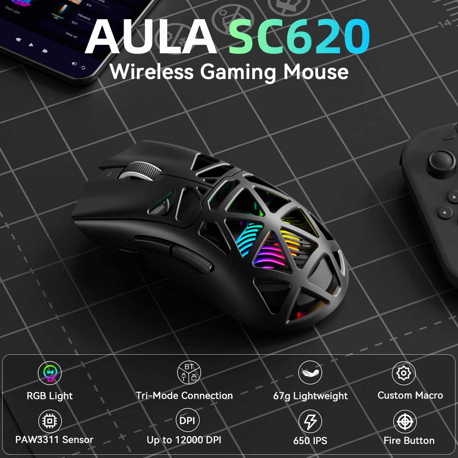 AULA SC620 Kabellose Gaming Maus,BT5.0/2.4G/USB-C,mit PixArt PAW3311-Sensor,12000DPI,8KHz,Feuertaste,7 Programmierbare Tasten,67g Leichtgewicht,400-mAh-Akku,RGB Gamer Maus für PC/Mac (Schwarz) - 2