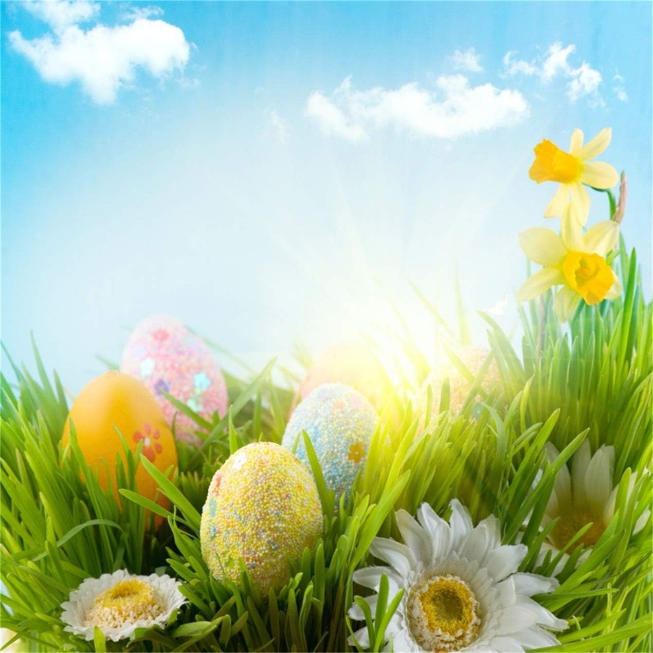 CSFOTO 7x7ft Background Easter Eggs On Meadow Bokeh Photography