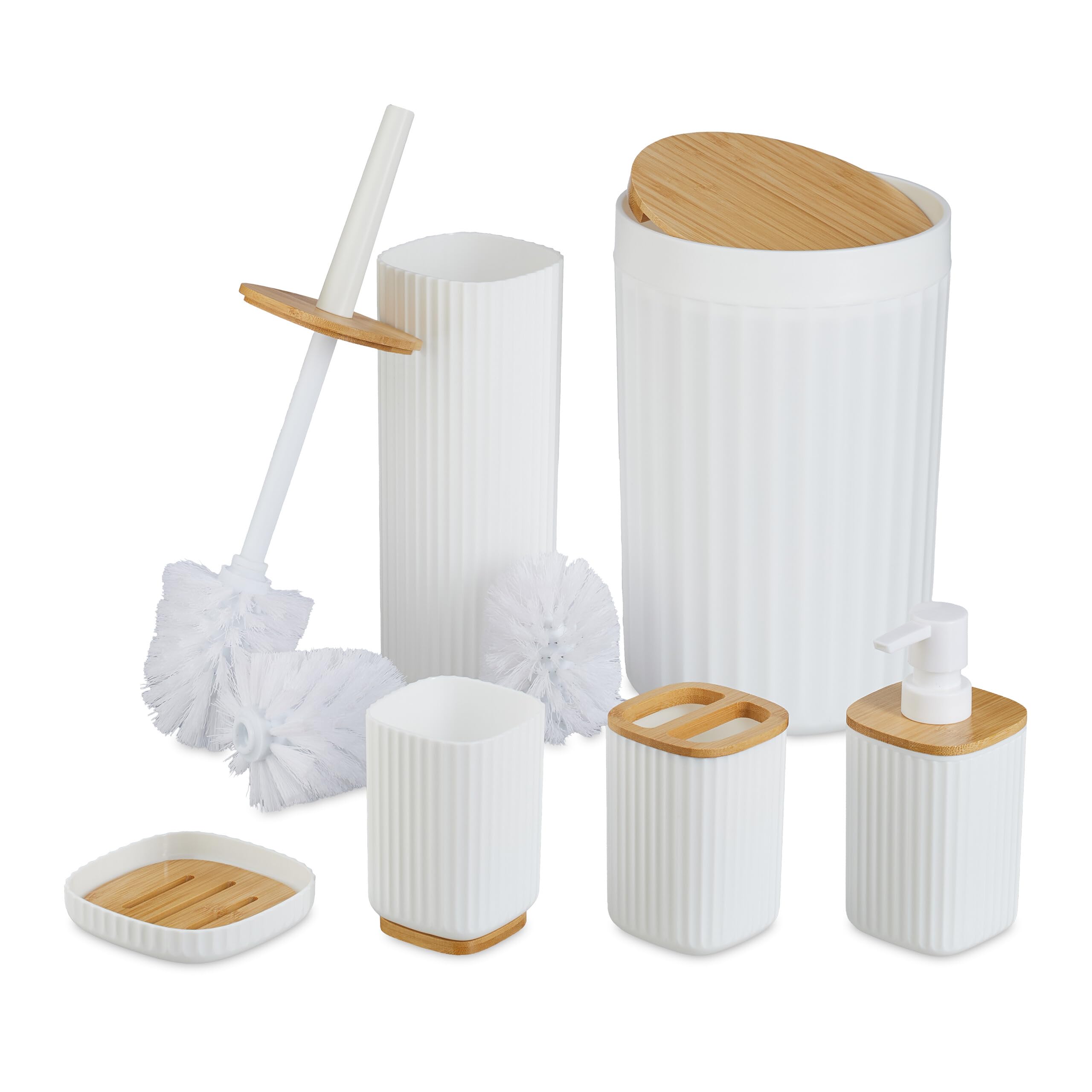 Relaxdays badkamer set, 7-delig, badkamer accessoires kunststof, bamboe, kunststof, compleet, zeeppomp, wit-natuur Relaxdays badkamer set, 7-delig, badkamer accessoires kunststof, bamboe, kunststof, compleet, zeeppomp, wit-natuur