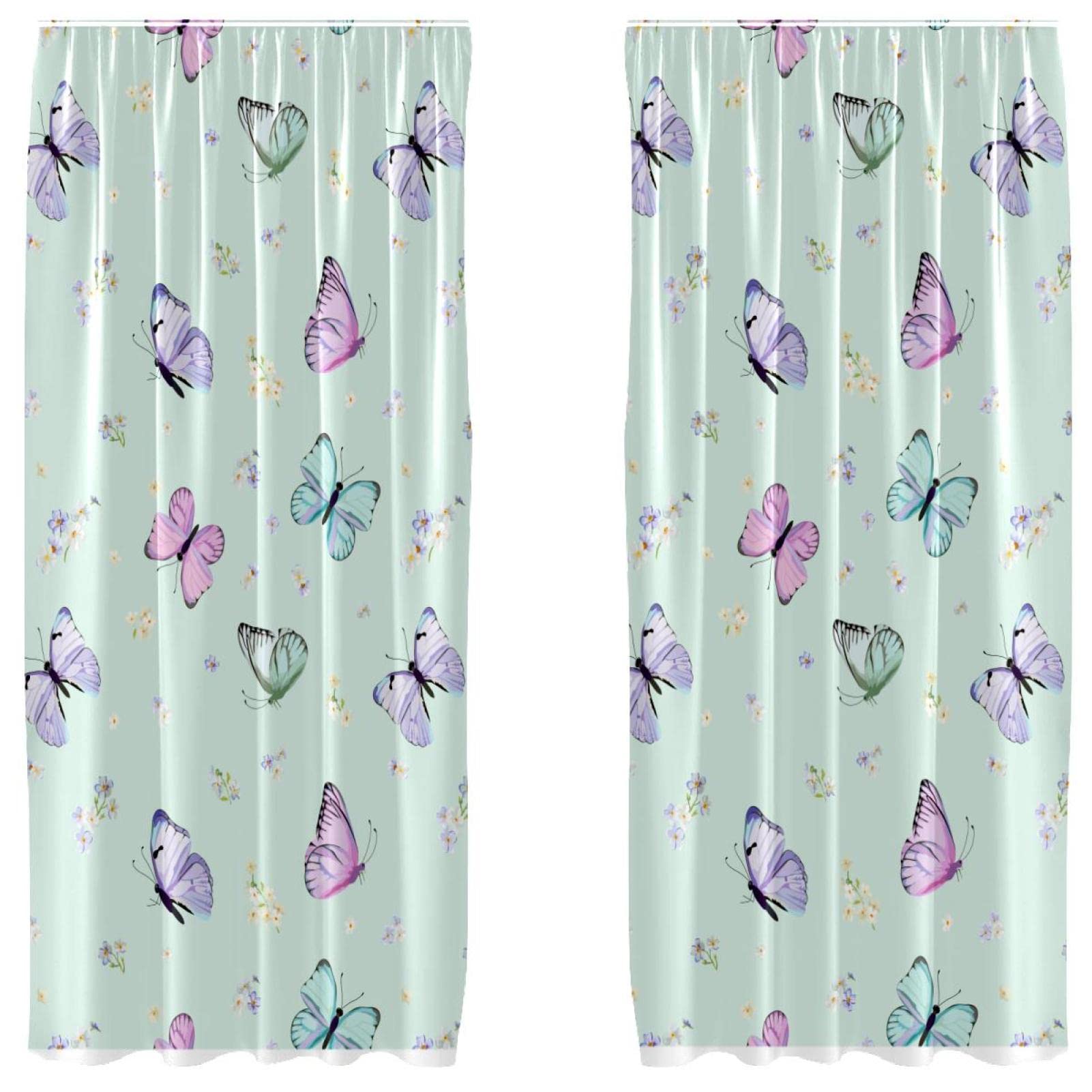 Cortinas mariposas púrpuras verde claro decorativas 55 x 84 pulgadas dormitorio habitación