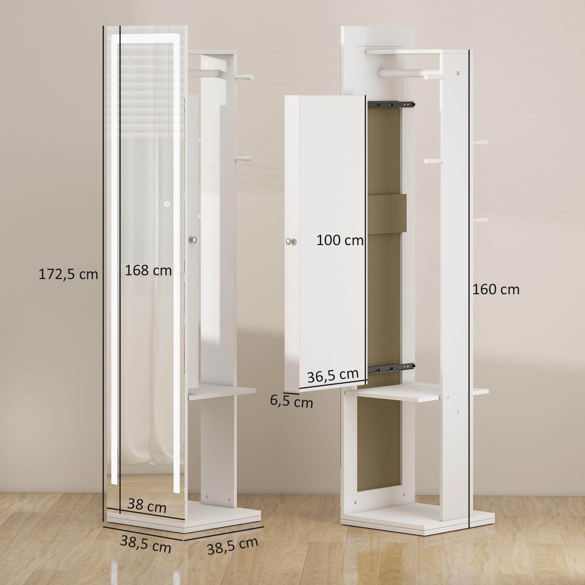 HOMCOM Espejo Joyero con Luces LED, Armario Joyero con Espejo de Cuerpo Entero sin Marco, Armario para Joyas Giratorio 360° con Estantes Abiertos, Perchero y Barras para Colgar, Blanco y Forro Beige