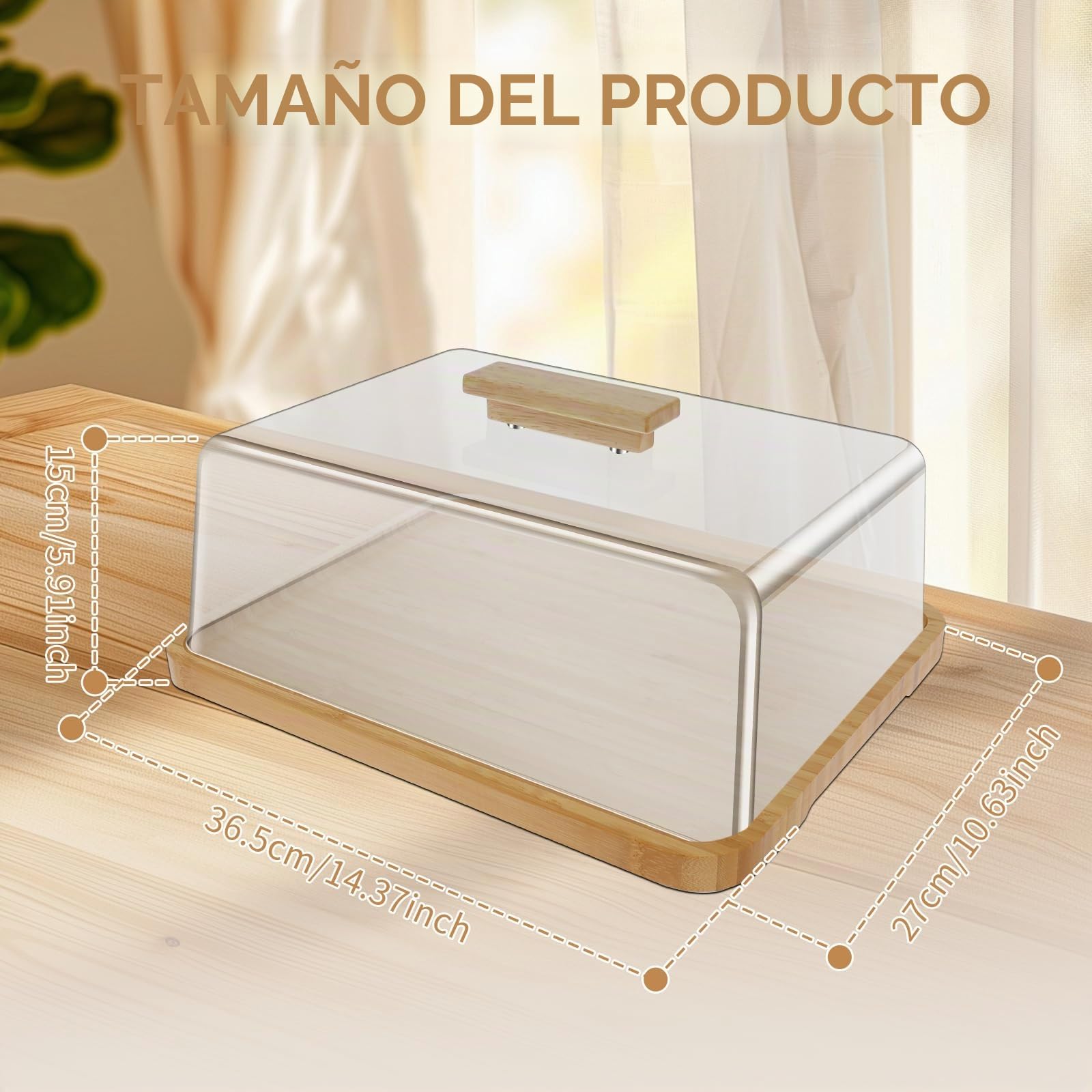 Soporte de bambú para tartas con tapa de cúpula de 36,5 x 27 x 15 cm, plato rectangular para cupcakes, bandeja de servidor, tabla de queso para cumpleaños, boda, fiesta, pan, postres