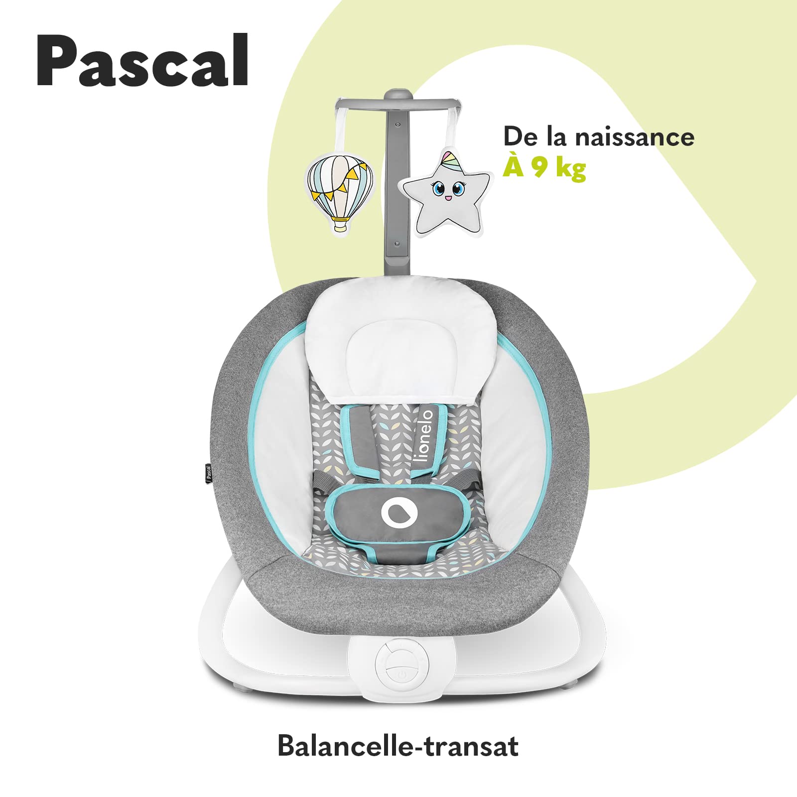 Lionelo Pascal transat bébé avec vibrations délicates, 12 mélodies avec réglage du volume, dossier réglable, barre à jouets interactifs, pliage compact