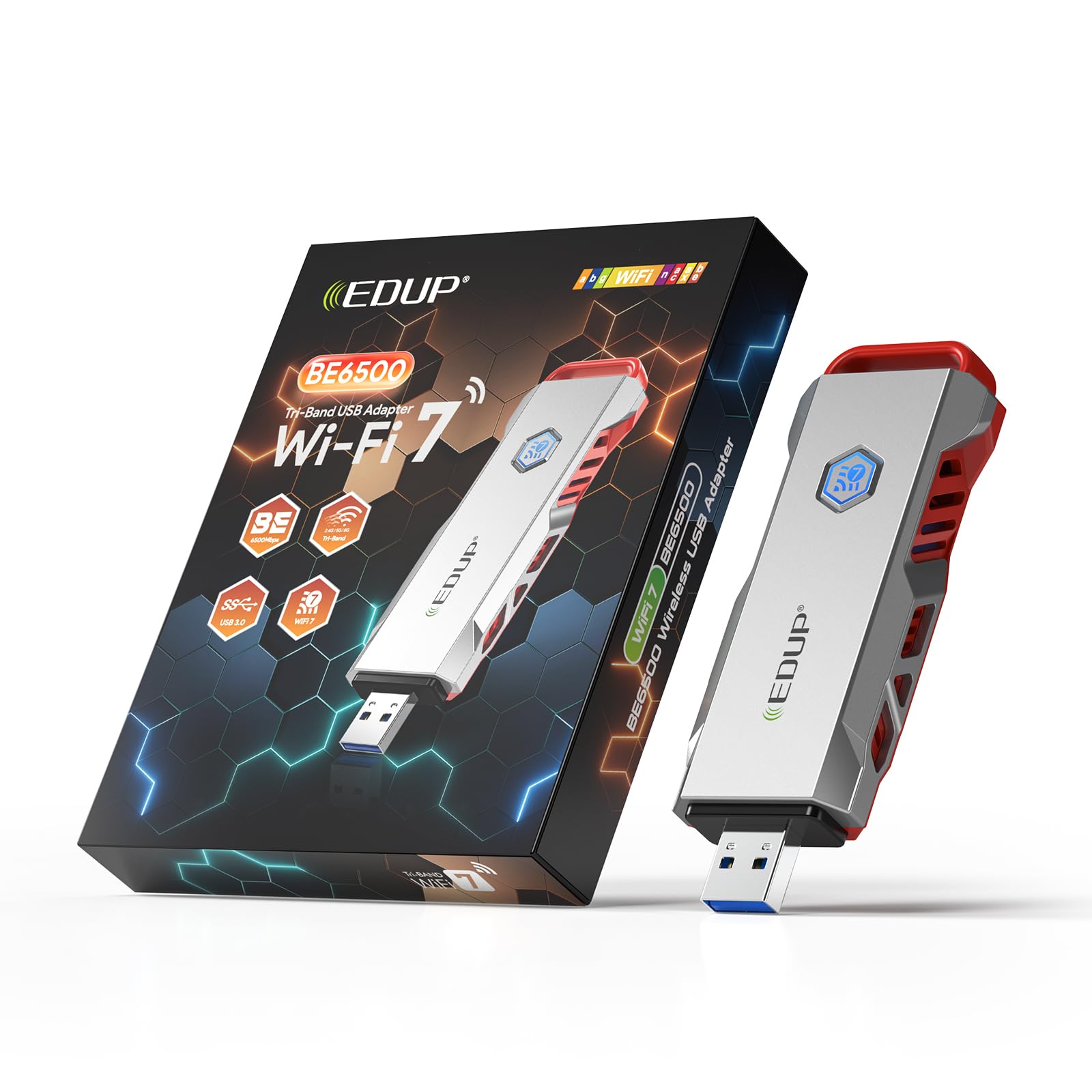 EDUP Adattatore USB WiFi 7 per PC, USB 3.0 Wi-Fi 7 Dongle BE6500Mbps, Tri-Band 6GHz/5GHz/2.4GHz, scheda di rete WiFi 7 per giochi, compatibile con Windows 11 e Linux Kernel 6.7+