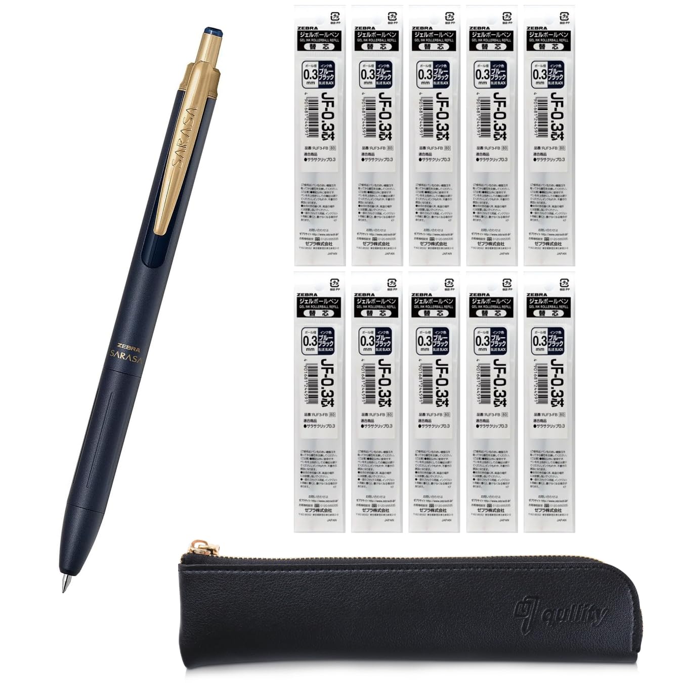 ZEBRA SARASA GRAND Penna a sfera gel 0,3 mm + 10 ricariche, custodia sottile nera originale (blu scuro)