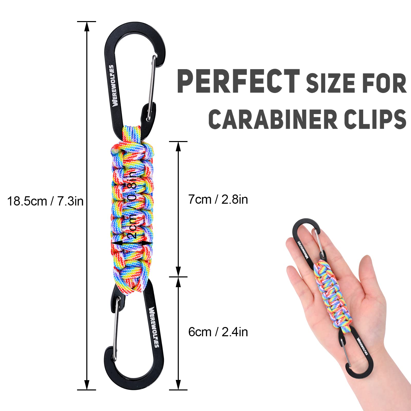 WEREWOLVES 3 Pack Paracord Keychain Carabiner, Lanyard Clip for Backpacks, Carabiner Clip for Men Women (3 Pack Rainbow)