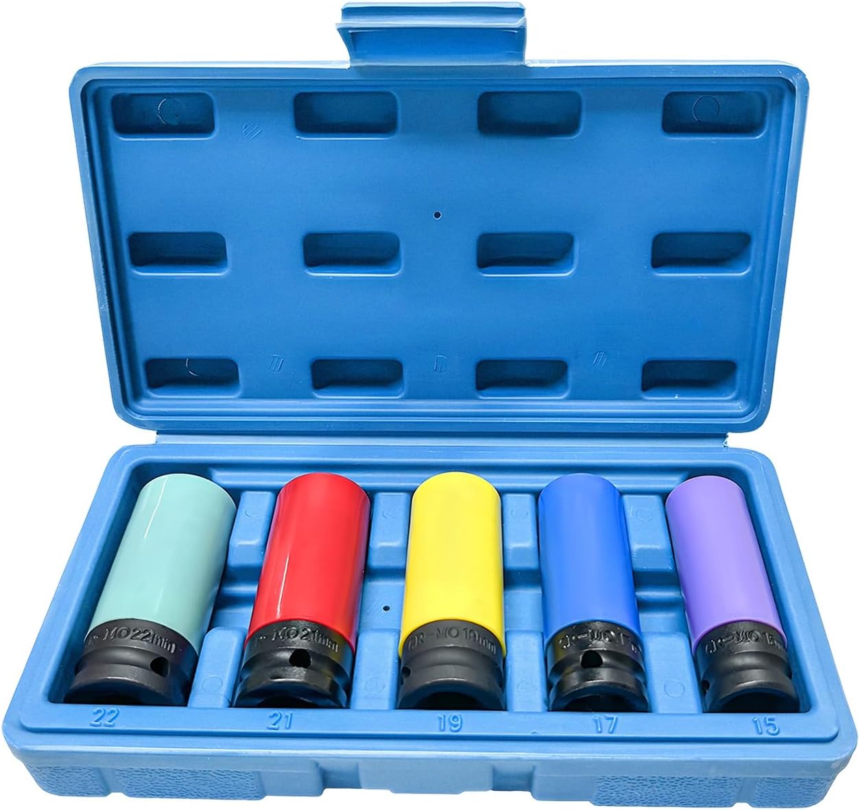 5 PCS 1/2 inch Drive Impact Lug Nut Socket Set, Metric 15 17 19 21 22 mm Wheel Rim Protectors with Plastic Sleeves, Non-Marring Lug Nut Thin Wall Deep Sockets for Tire Protection