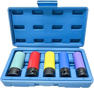 5 PCS 1/2 inch Drive Impact Lug Nut Socket Set, Metric 15 17 19 21 22 mm Wheel Rim Protectors with Plastic Sleeves, Non-Marring Lug Nut Thin Wall Deep Sockets for Tire Protection