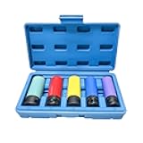 5 PCS 1/2 inch Drive Impact Lug Nut Socket Set, Metric 15 17 19 21 22 mm Wheel Rim Protectors with Plastic Sleeves, Non-Marring Lug Nut Thin Wall Deep Sockets for Tire Protection