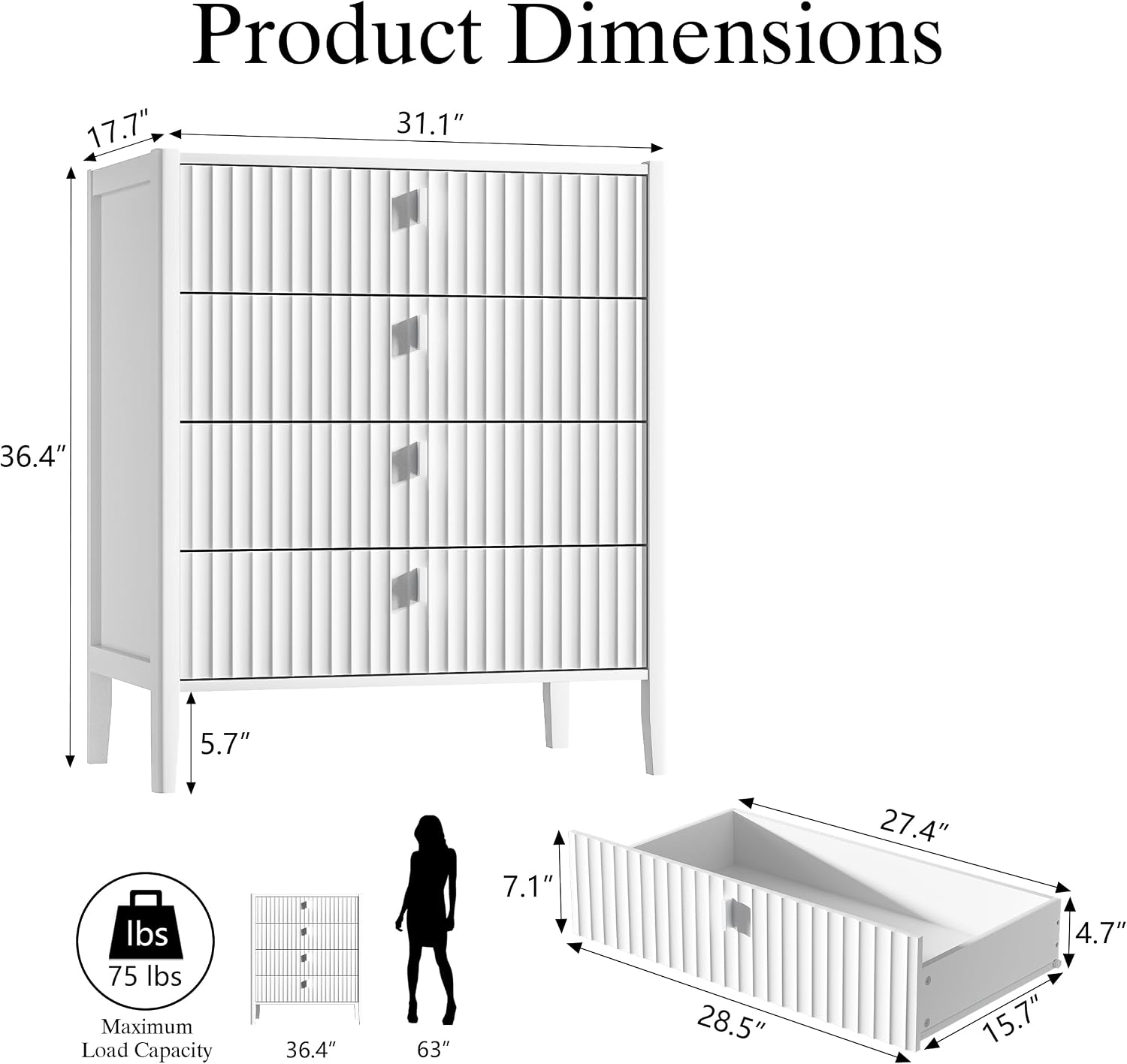 Furniway White 4 Drawer Dresser, 31.5" Wide Modern Chest of Drawers with Fluted Front and Metal Handles, Storage Dresser for Bedroom, Living Room, or Entryway