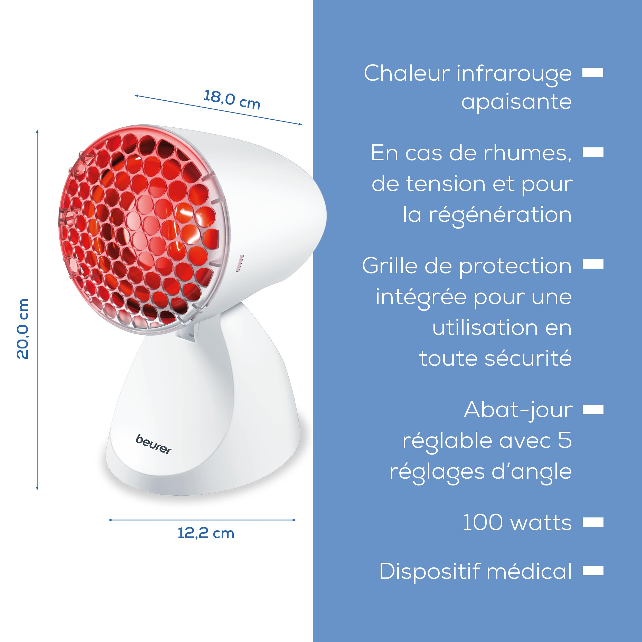 Beurer IL 11 lampe infrarouge avec grille de protection, dispositif médical pour utilisation en cas de rhume et de tension musculaire, 5 niveaux d'inclinaison, lunettes de protection incluses