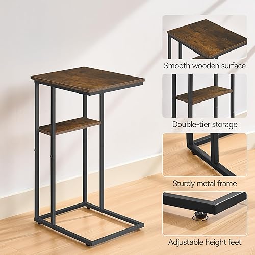Miniatura 5 de Juego de 2 mesas auxiliares en forma de C, mesa de madera rústica y marco de metal, mesas auxiliares de doble capa para sala de estar, dormitorio,