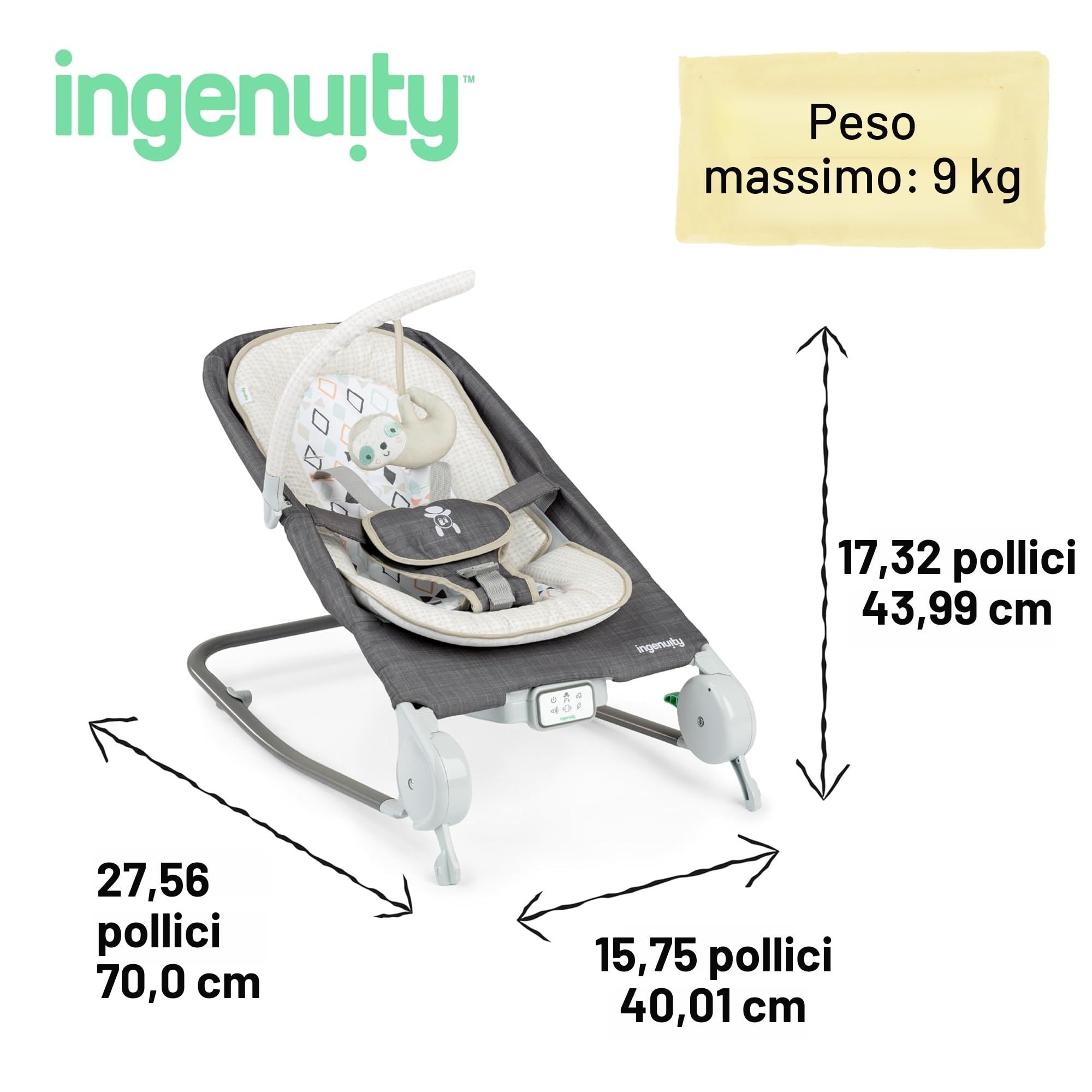 Ingenuity, Sedile sdraietta-dondolo Happy Belly, con musica, vibrazioni, barra dei giocattoli rimovibile bradipo di peluche, 0-6 mesi, grigio - Parker