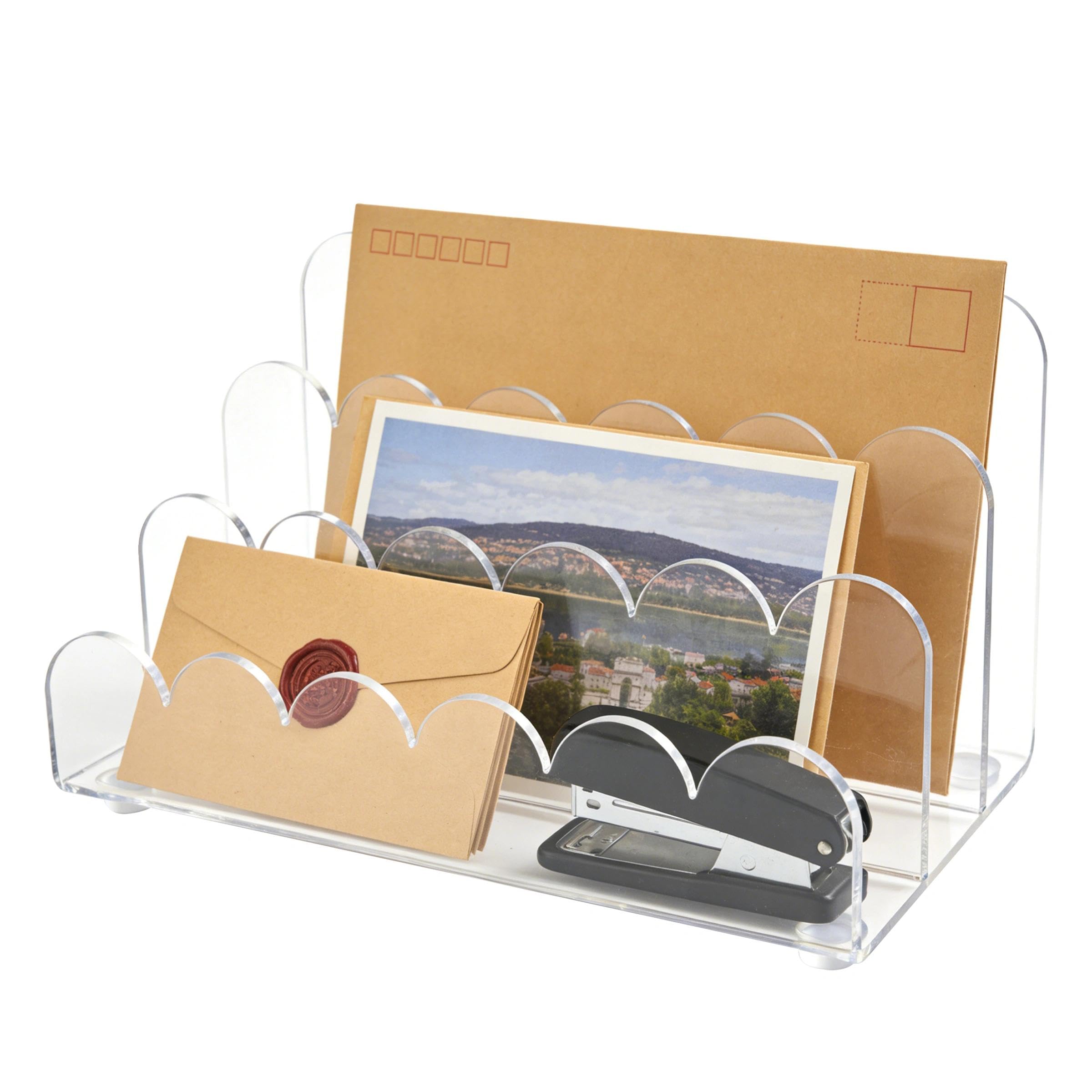 3-Slot Scalloped Document Sorter, Clear Acrylic Letter Holder, Clear File Sorter for Home Office, Desktop Organizer for Mail, Letters, Documents, Envelope, Bills, Stationery