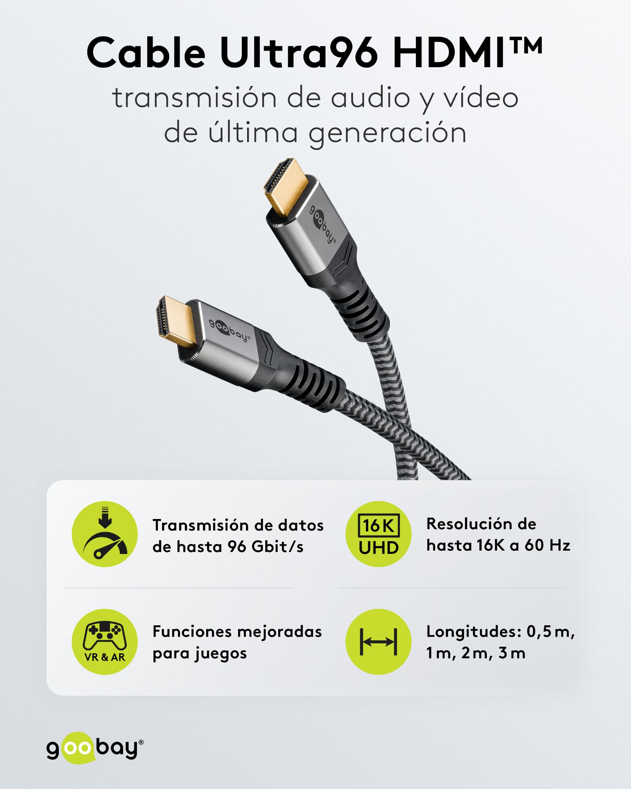 Cable HDMI 2.2 Ultra de 96 Gbit/s, 16K a 60 Hz, 8K a 240 Hz, 3 m, Textil