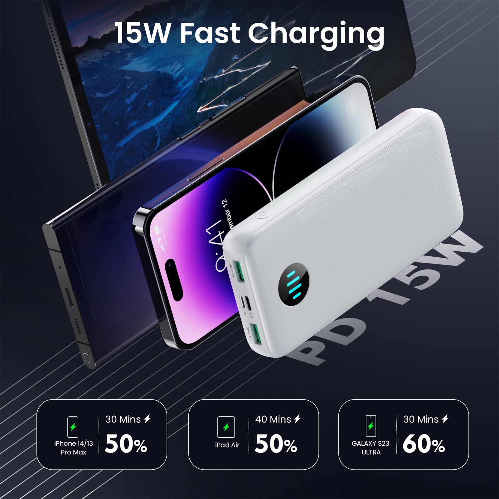 Power Bank, Caricatore Portatile 26800mAh, Powerbank 3A PD USB C Ingressi&Uscite, Caricabatterie Portatile Ricarica Rapida Batteria Esterna 3 Uscite per iPhone Huawei Xiaomi Auricolari-Bianco