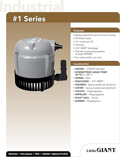 Miniatura 9 de LITTLE GIANT 501003 1 115 Volt 205 GPH Oil-Filled Small Submersible Pump