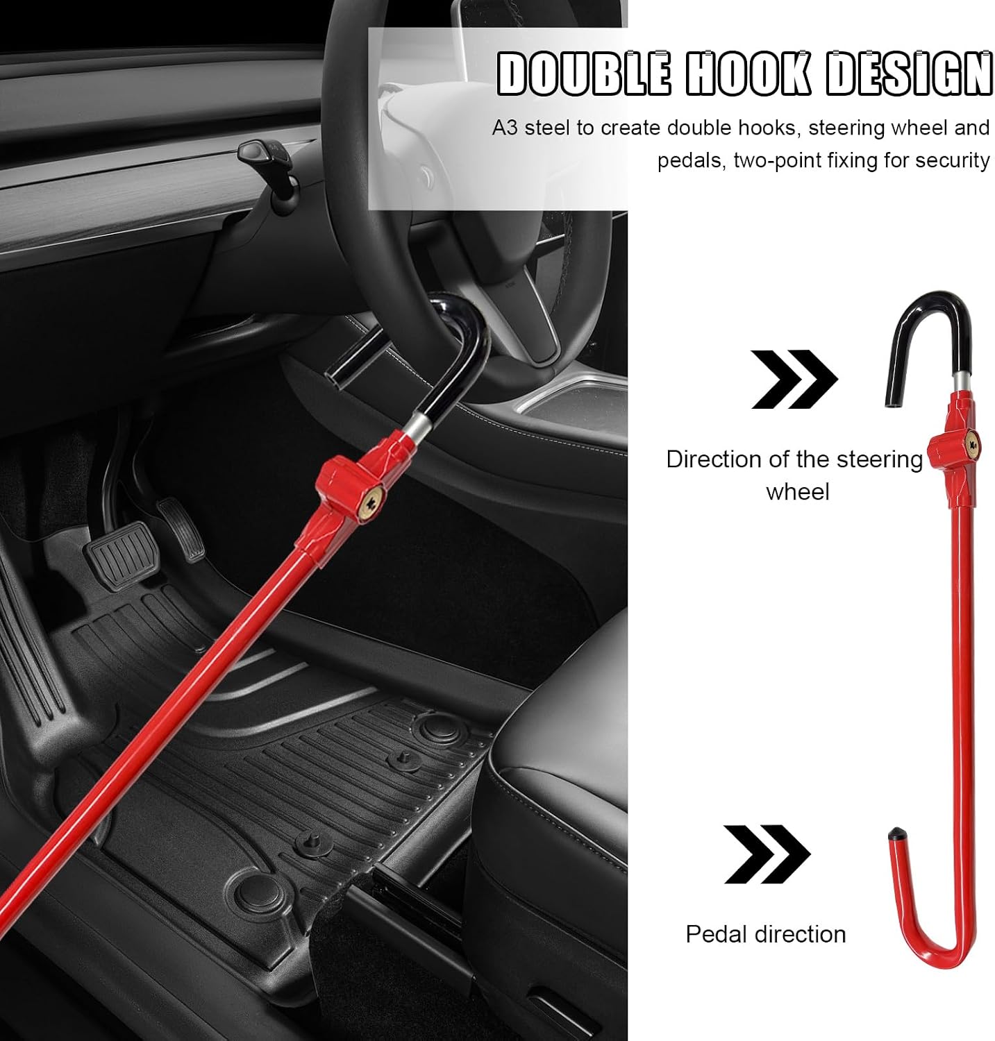 Steering Wheel Lock, Extended Anti Theft Device Wheel Security Lock with Adjustable Length, Universal Heavy Duty Brake Pedal Retractable Hook with Keys for Car Truck SUV Van