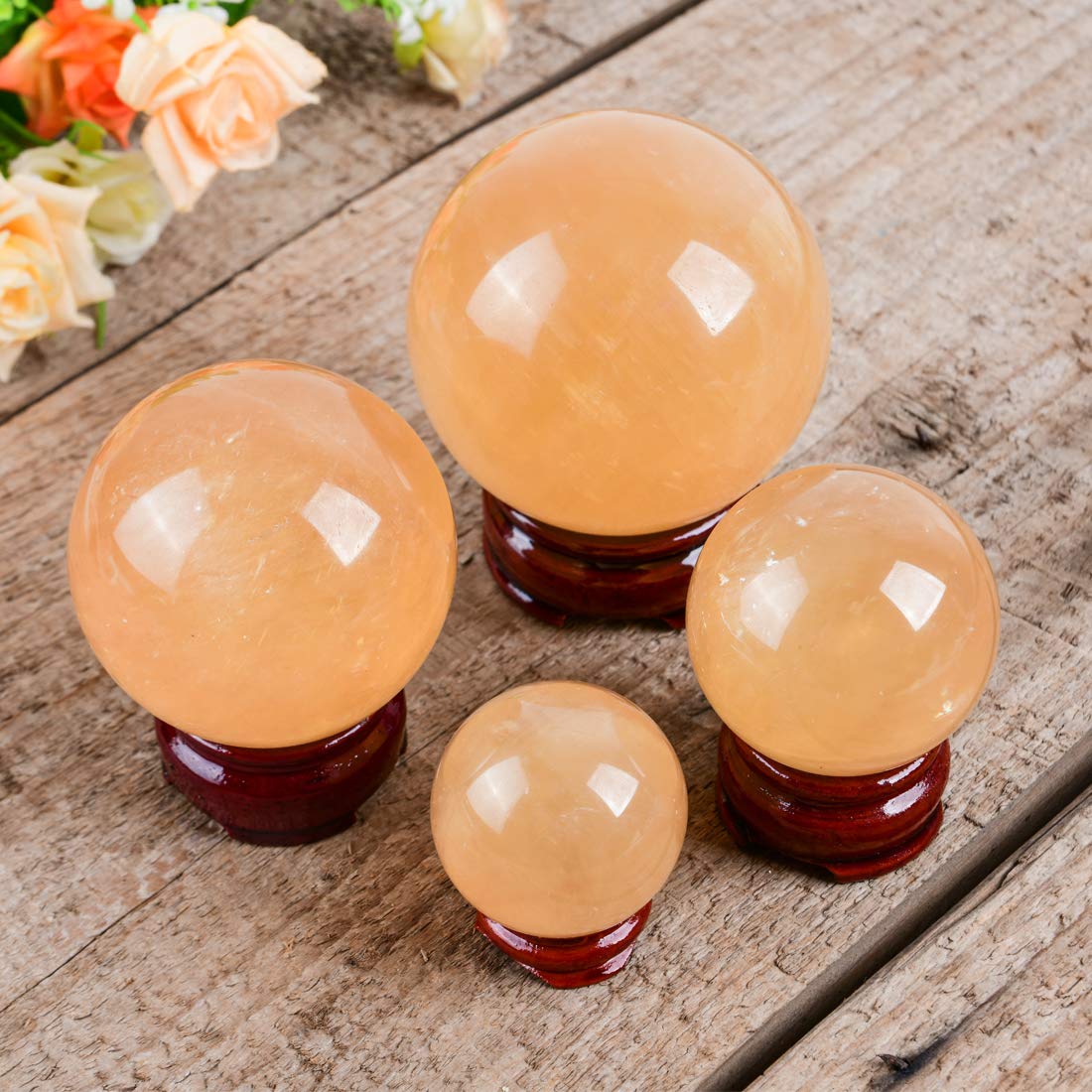 NUZUJX Natural Citrine Healing Crystal Gemstone Ball Divination Sphere Sculpture Figurine with Wood Stand Feng Shui Chakra Aura Home Desk Decor