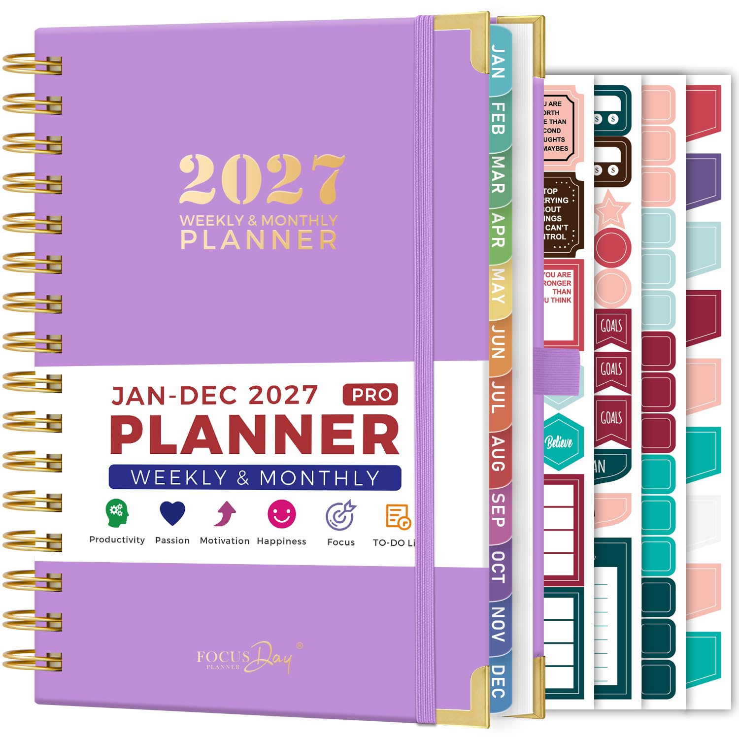 Diary 2027, Jan 2027 - Dec 2027, A5 (16.5 x 21.5 cm) Week to View, Spiral Bound Weekly & Monthly Planner for Women/Men, with Ruler, 4 Planner Stickers, Monthly Tabs, 100GSM Paper, Purple