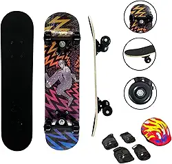 Skate Infantil Completo, 61cm, com Kit de Proteção e Capacete, Design Radical, Preto e Multicolorido