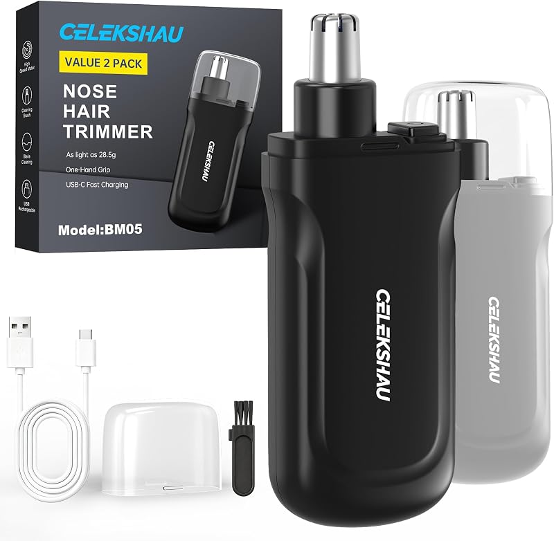 Aparador de pelos do nariz e orelhas CELEKSHAU recarregável via USB-C, Pacote com 2