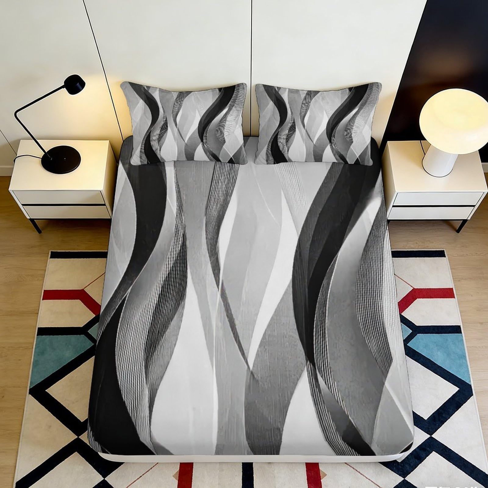3D Printed Monochrome Wave Fitted Sheet Microfiber Soft Breathable Abstract Stripe Bed Cover for Bedroom Decor 90x200x25cm