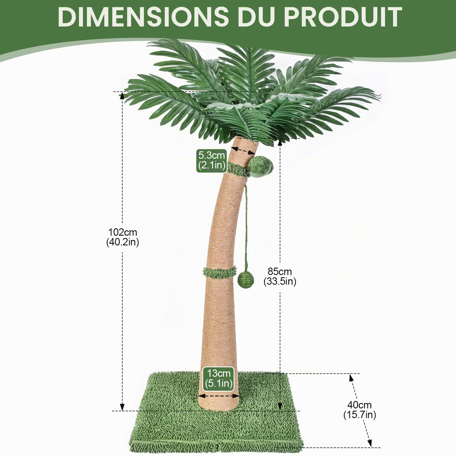 Arbre à chat de 102 cm de haut, arbre à chat avec design courbé, griffoir avec 3 balles interactives, corde de sisal naturel pour arbre à chat pour chats d'intérieur adultes et chatons, combinable