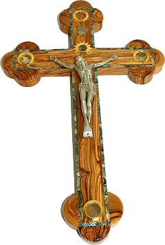 Holy Land Market Large Olive Wood 14 Stations Budded Orthodox Crucifix with 5 Holy Land Samples and Mother of Pearls Inlay Decoration 38 cm or 15 inches