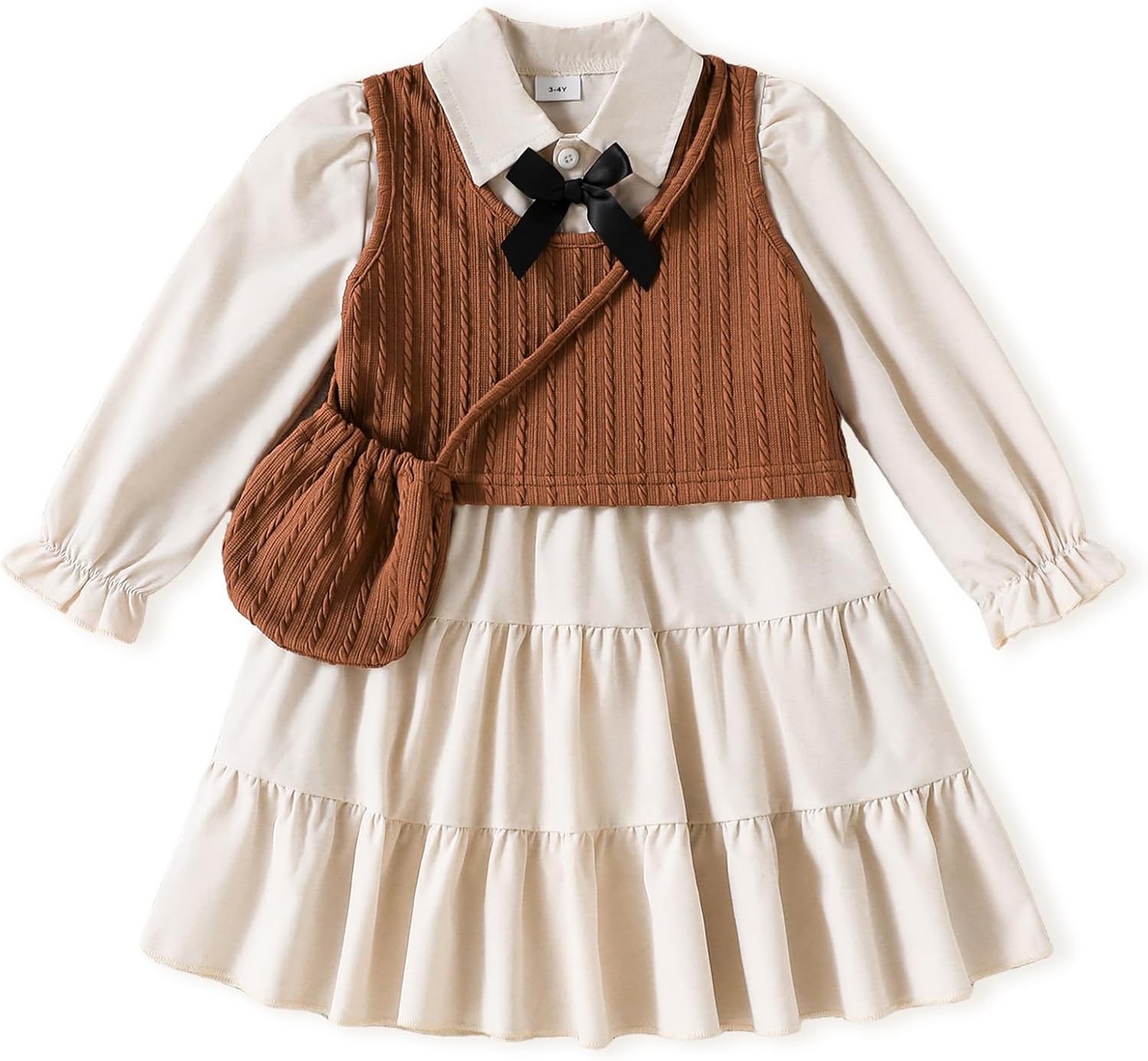 Toddler Little Girls Dress Fall Winter Clothes Long Sleeve Shirt Dresses and Knit Vest Set Kids Girls Outfits 3-4T Dsf