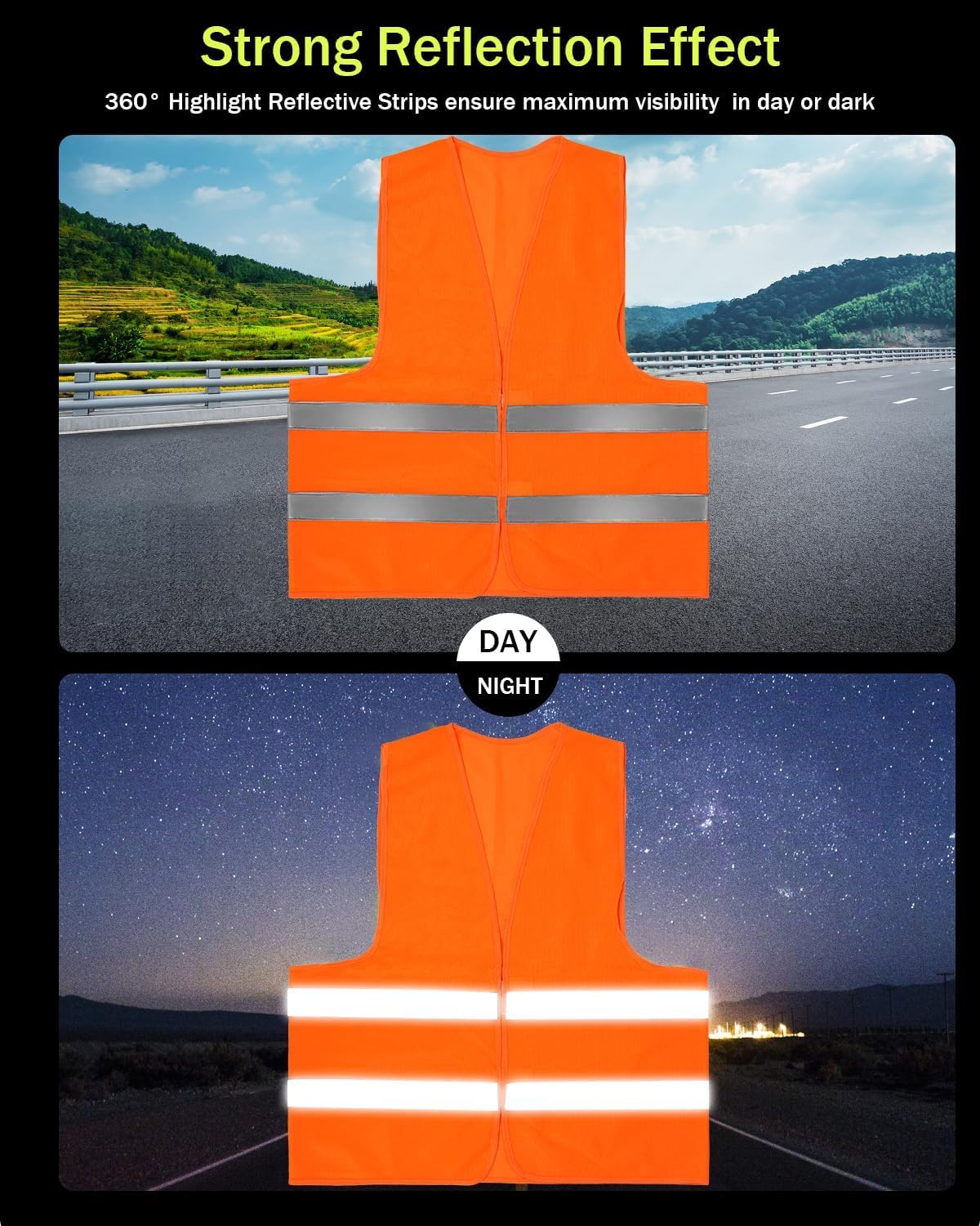 10 Unidades Chalecos Reflectantes de Alta Visibilidad, Chaleco Reflectante con 2 Tiras Reflectoras para Trabajo, Moto, Ciclismo, Running, Construcción de Carreteras y Control de Tráfico