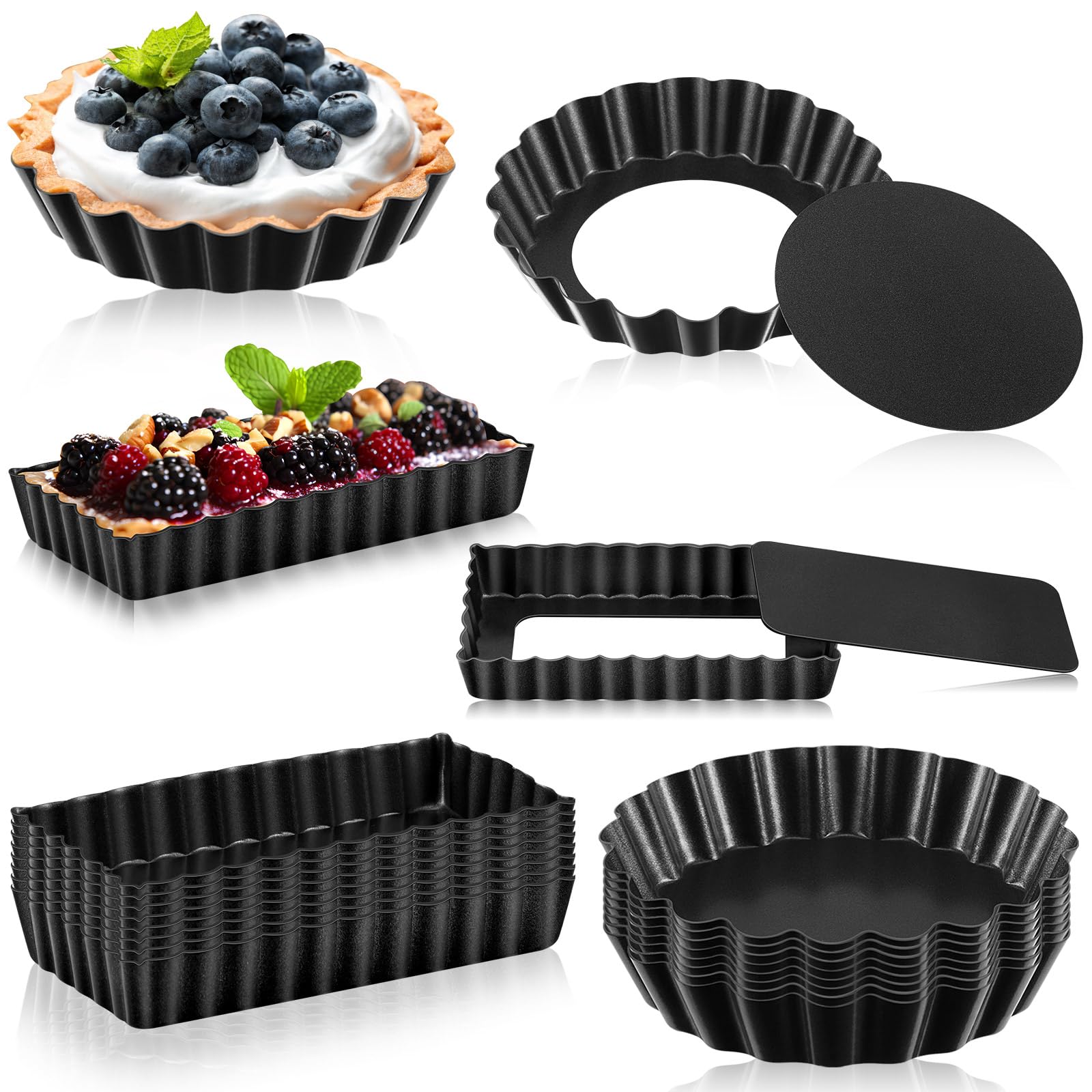 Tessco for you 16 Pcs Mini Tart Pans for Baking, Black Round and Rectangle