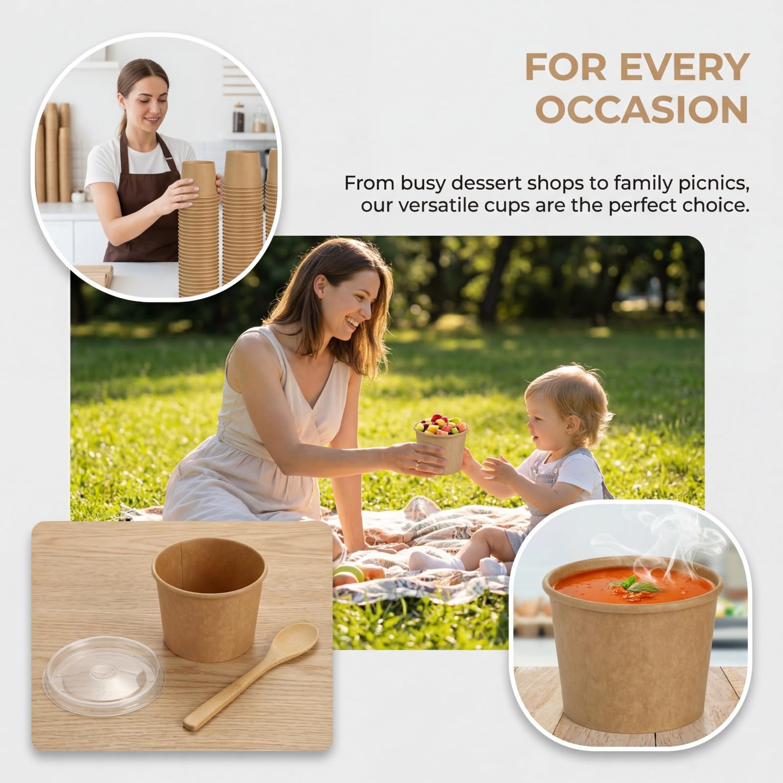 Lyellfe Paquete de 100 cuencos de papel desechables con tapas, tazón de papel kraft resistente de 8 onzas, contenedor de sopa para llevar, tazas de postre para helado, yogur, frío y caliente