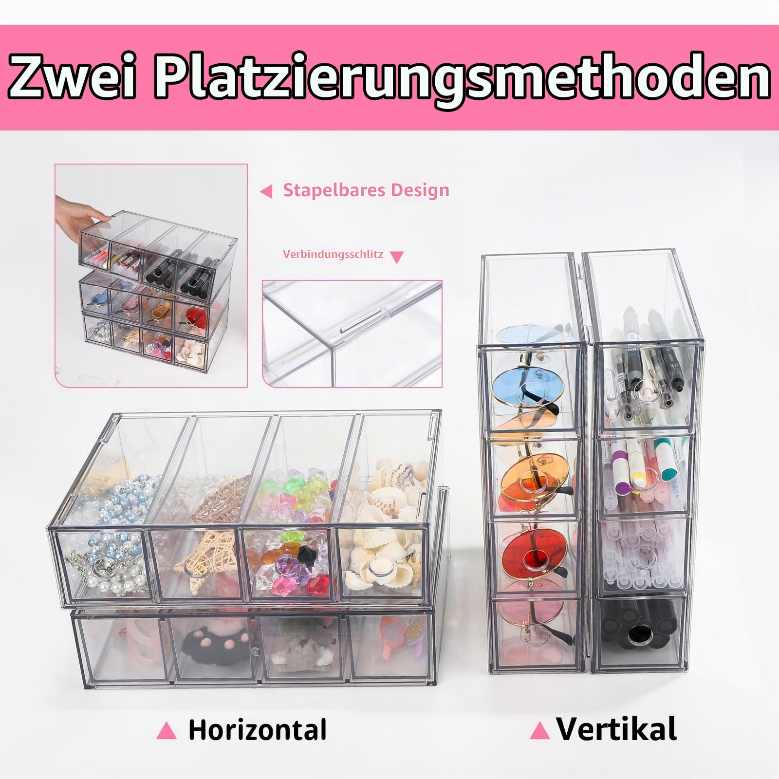 3x Schreibtisch-Organizer, Aufbewahrungsbox für Schreibwaren, Mark | Schubladenkasten mit 12 Herausnehmbarer Schublade, Schubladenorganizer Stapelbar Büro Schreibtisch Organizer Transparent-grau