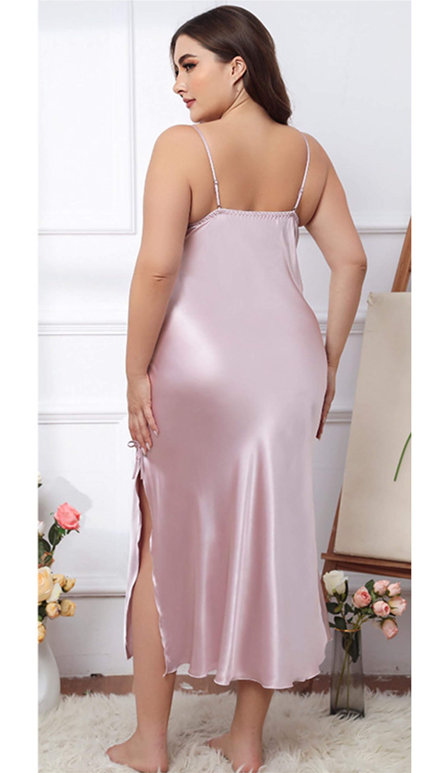 Femmes Dentelle Lingerie Chemises Col V Chemise De Nuit Sexy Long Sommeil Robe sans Manches Bretelles Côté Split Vêtements De Nuit,Lotus Root Lotus,3XL