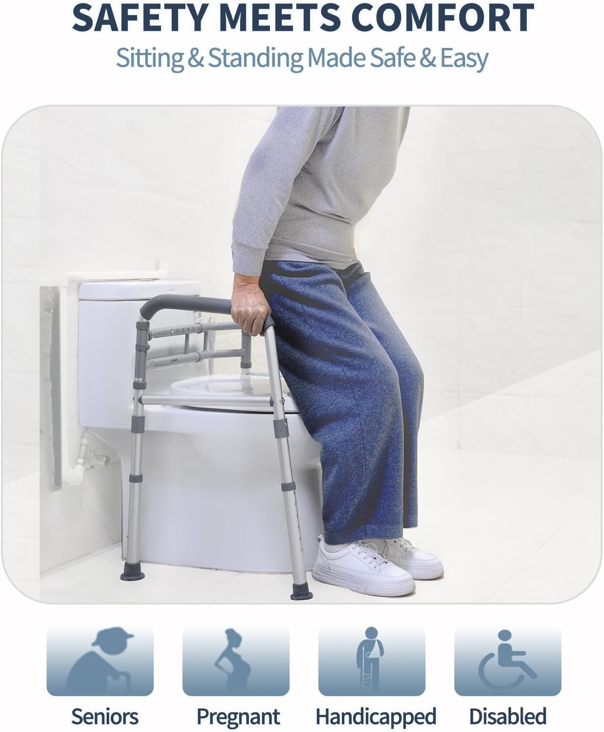 toilet safety rails, height-adjustable, foldable, tool-free assembly, for elderly, seniors, handicap & disabled, 350 lbs capacity