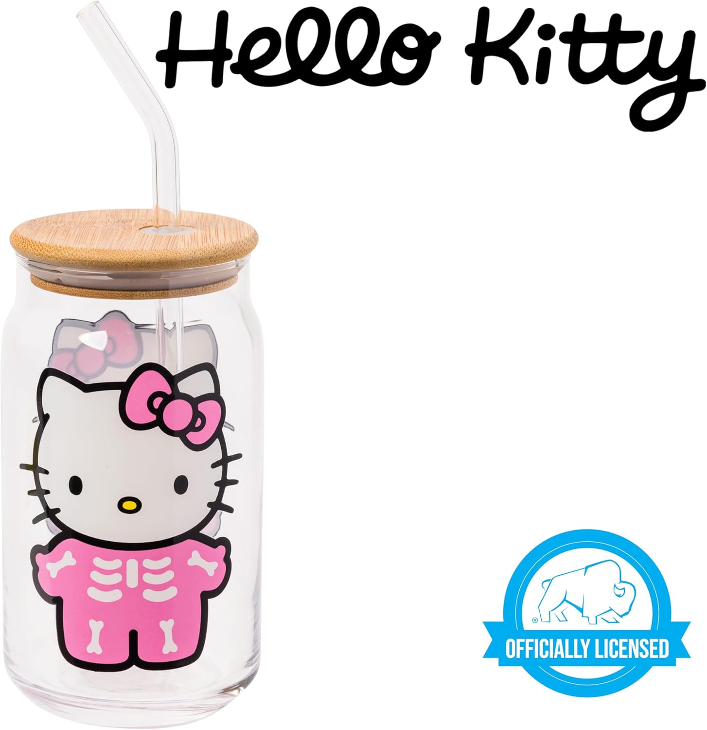 Silver Buffalo Sanrio Hello Kitty Halloween Spooky Skeleton Glass Jar Tumbler with Bamboo Lid and Glass Straw, 16 Ounces - Image 7